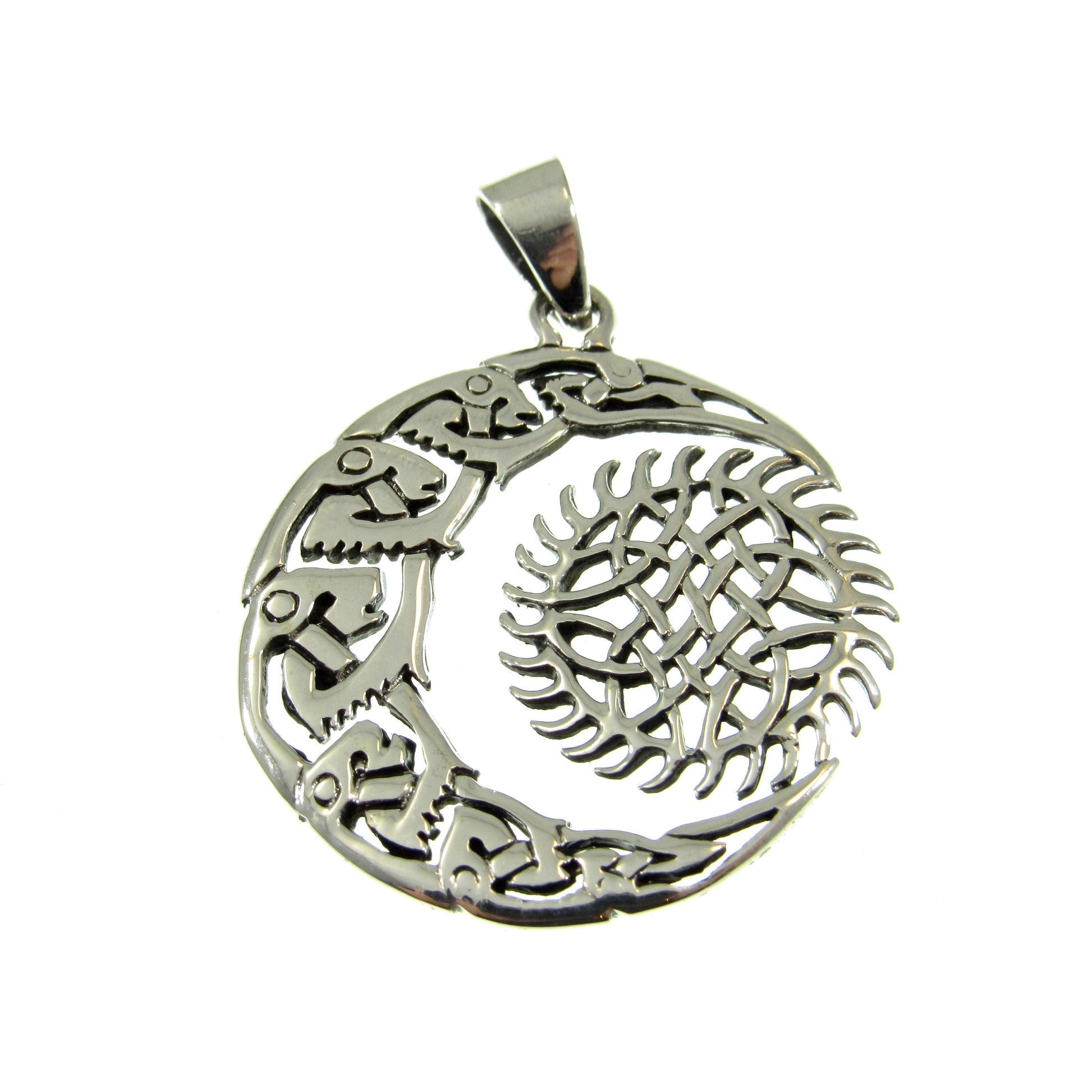 Solid 925 Sterling Silver Crescent Moon And Sun Pendant, Handcrafted Celestial Amulet with Celtic Knots