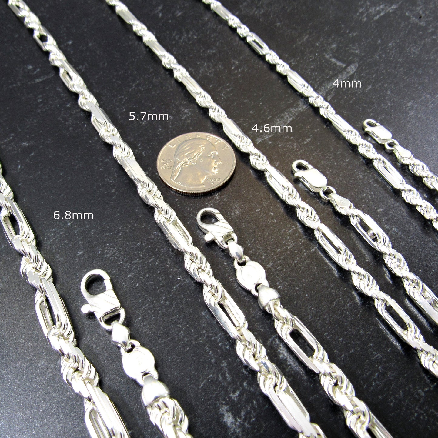 Solid 925 Sterling Silver Italian Figarope Chain Necklace, Milano Link Bracelet, Men's Figaro Link & Diamond Cut Rope Chain, Made in Italy