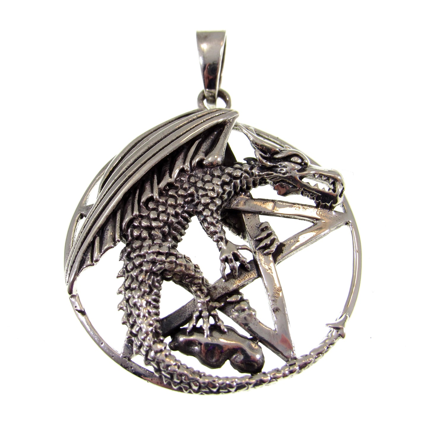 Solid 925 Sterling Silver Dragon Pentagram Pendant – Gothic Wiccan Protection Pentacle, Mythical Occult Talisman