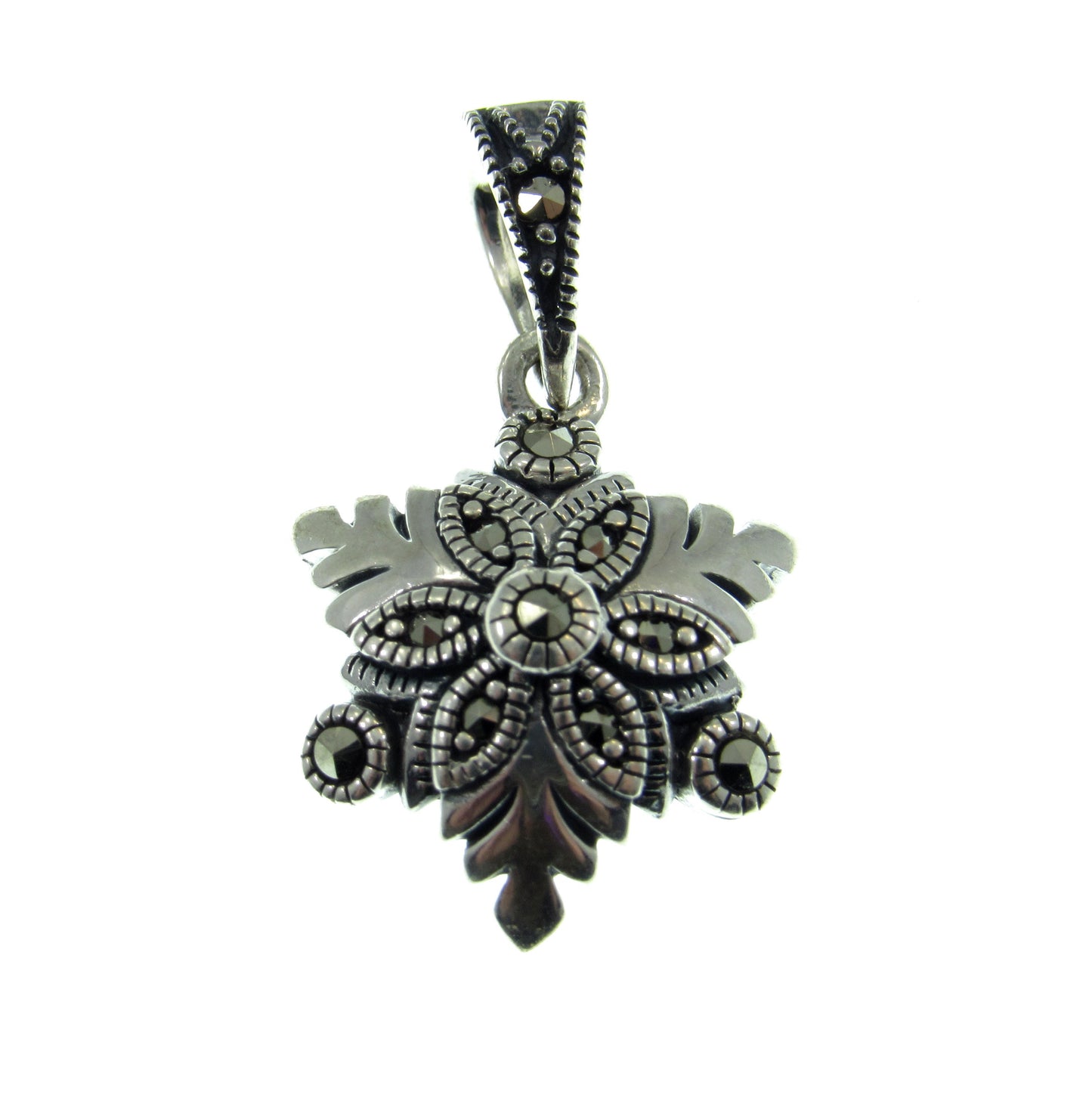 Solid 925 Sterling Silver & Marcasite Snowflake Pendant, Handcrafted Winter Jewelry Charm