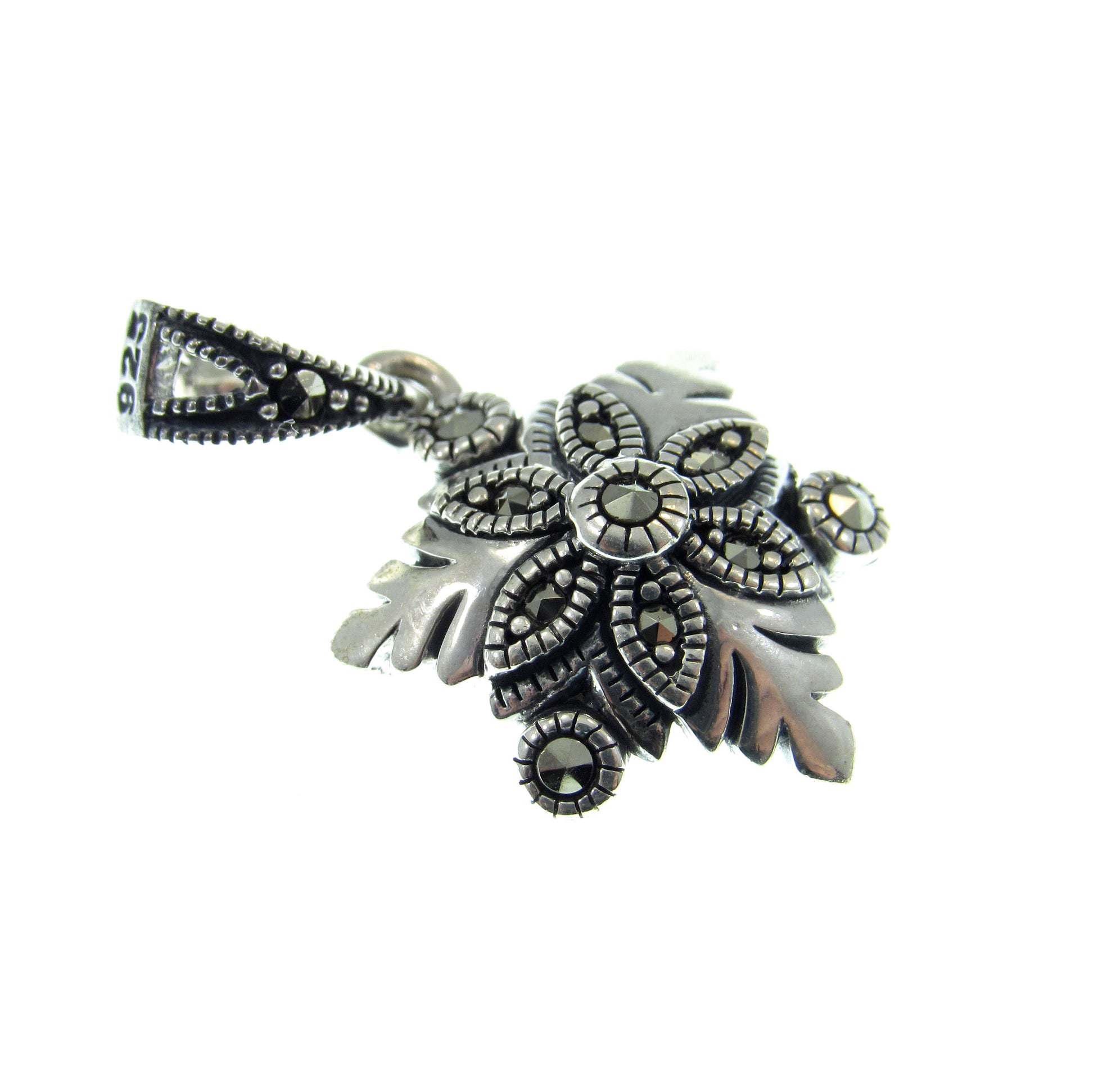 Solid 925 Sterling Silver & Marcasite Snowflake Pendant, Handcrafted Winter Jewelry Charm
