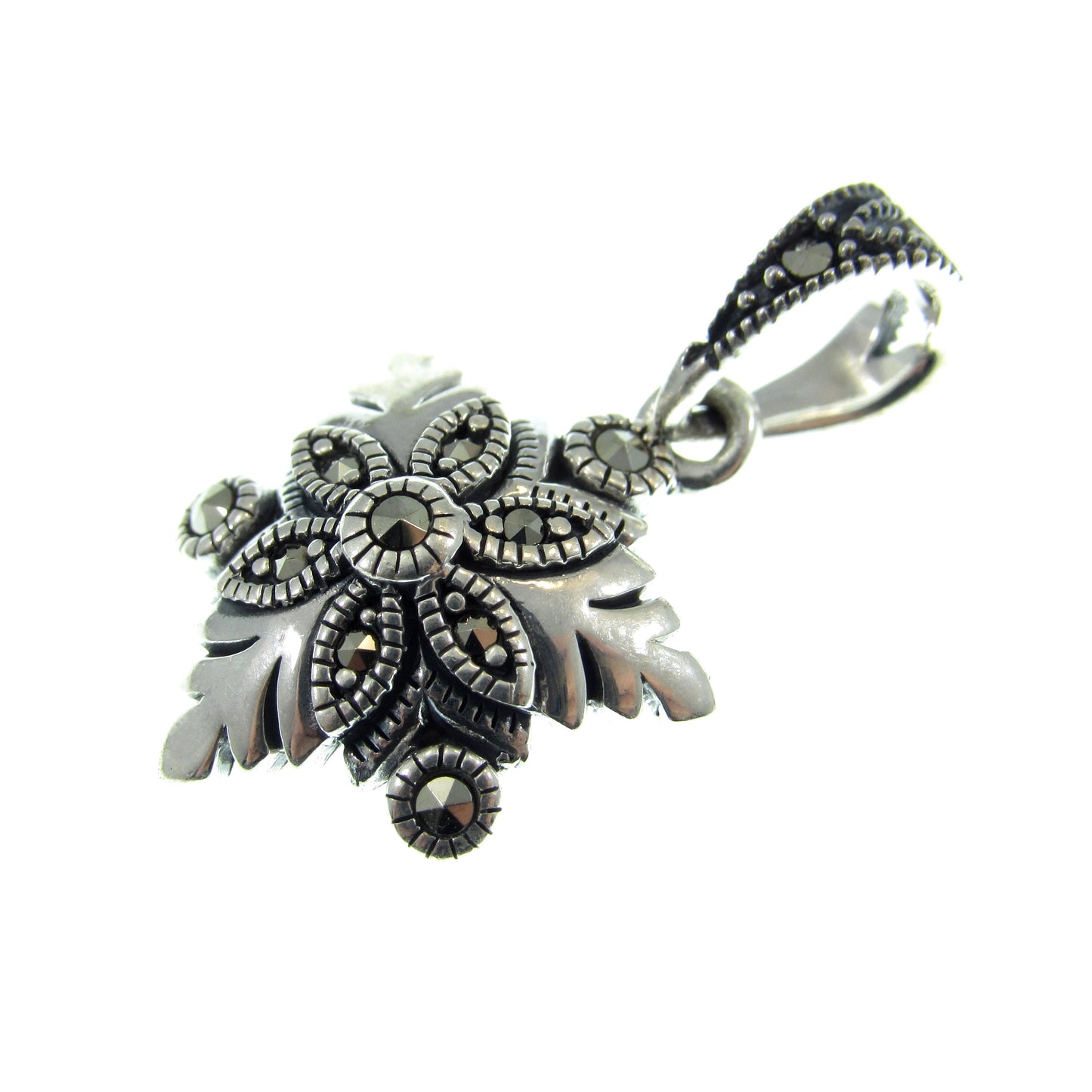 Solid 925 Sterling Silver & Marcasite Snowflake Pendant, Handcrafted Winter Jewelry Charm