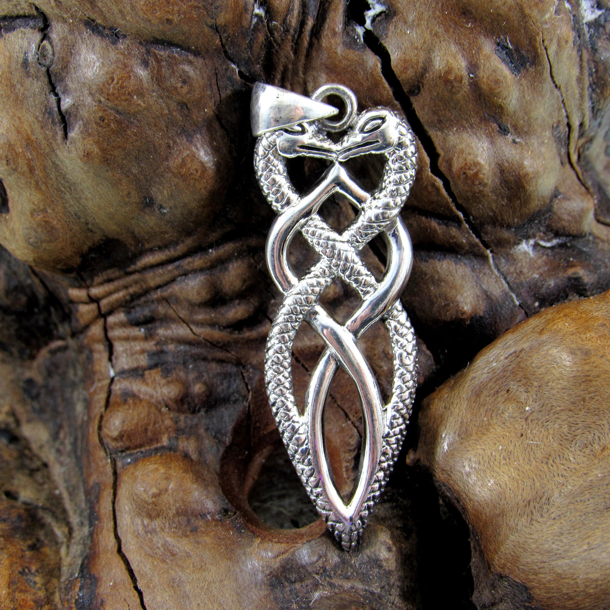 Solid 925 Sterling Silver Double Headed Snake Pendant, Braided Reptile Dagger Charm, Handcrafted Serpent Jewelry