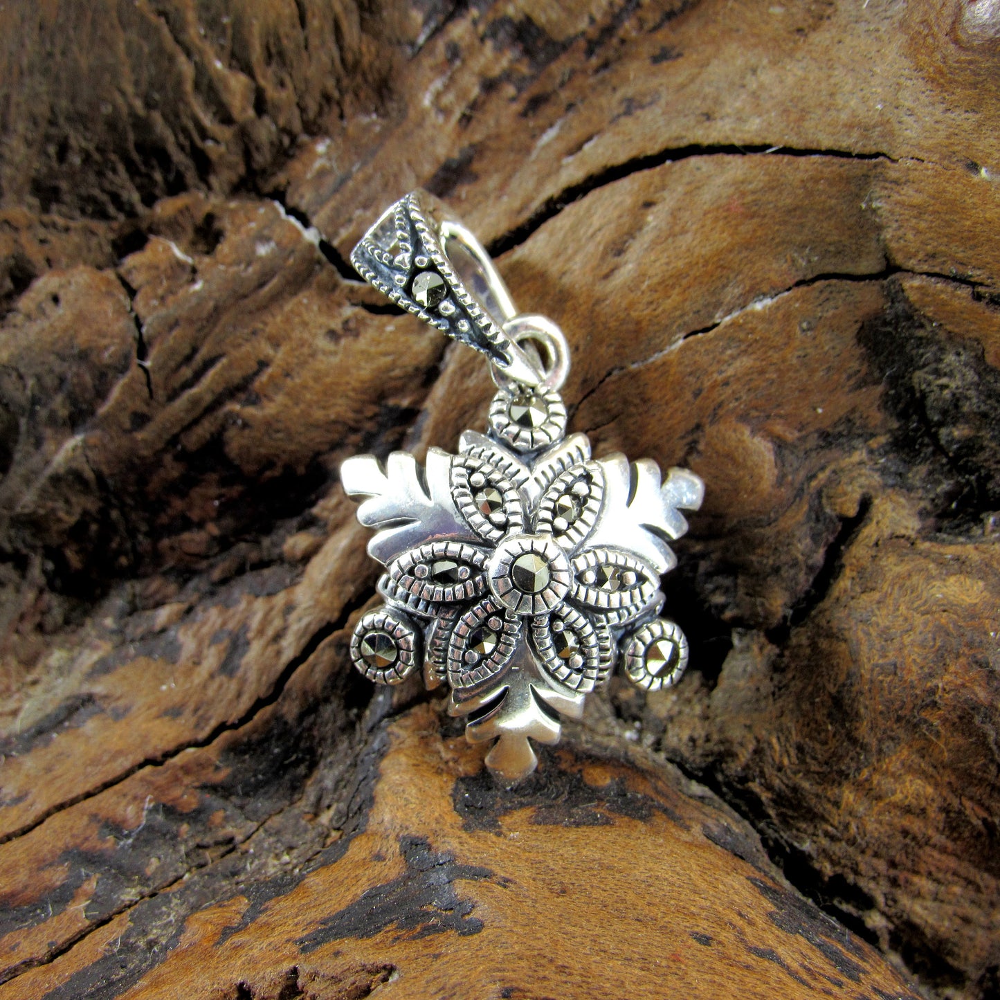 Solid 925 Sterling Silver & Marcasite Snowflake Pendant, Handcrafted Winter Jewelry Charm