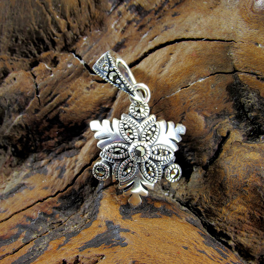 Solid 925 Sterling Silver & Marcasite Snowflake Pendant, Handcrafted Winter Jewelry Charm
