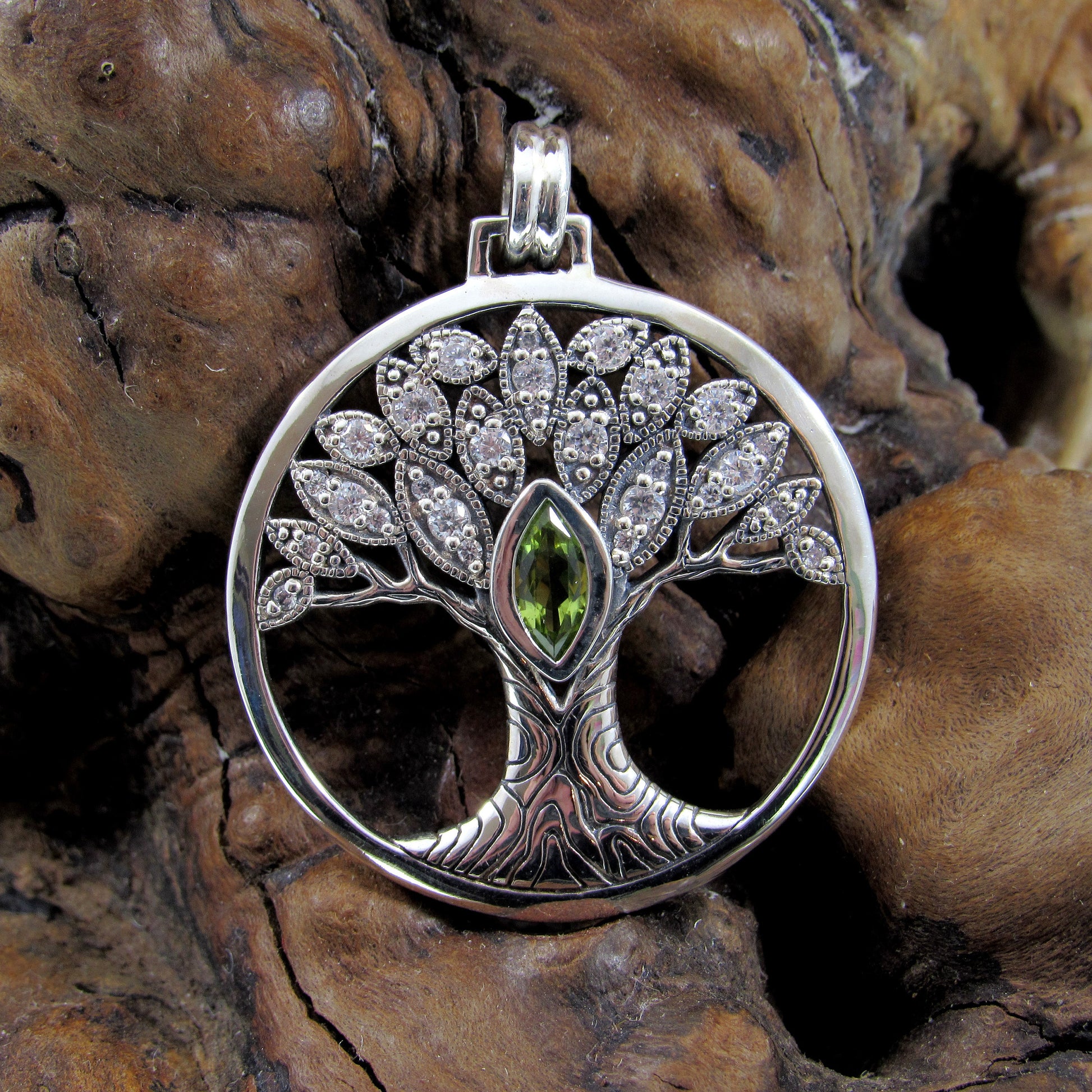 Solid 925 Sterling Silver Wondrous Tree of Life Pendant With Faceted Marquis Gemstone, Choose Amethyst, Garnet, Peridot, or Topaz
