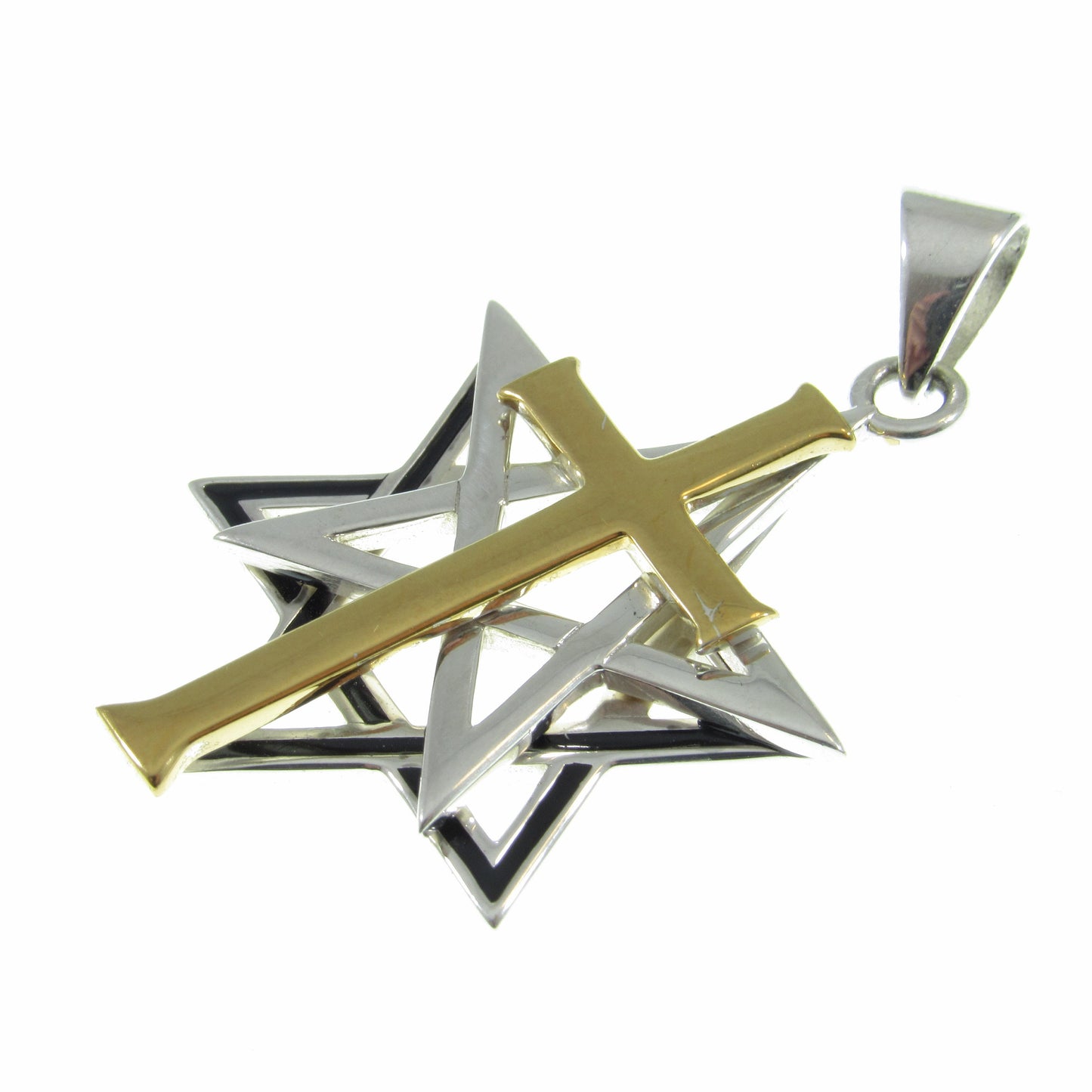 Solid 925 Sterling Silver & 14k Gold Accent Intertwined Christian Cross on Jewish Star of David Pendant, Hebrew Symbol, Religious Jewelry