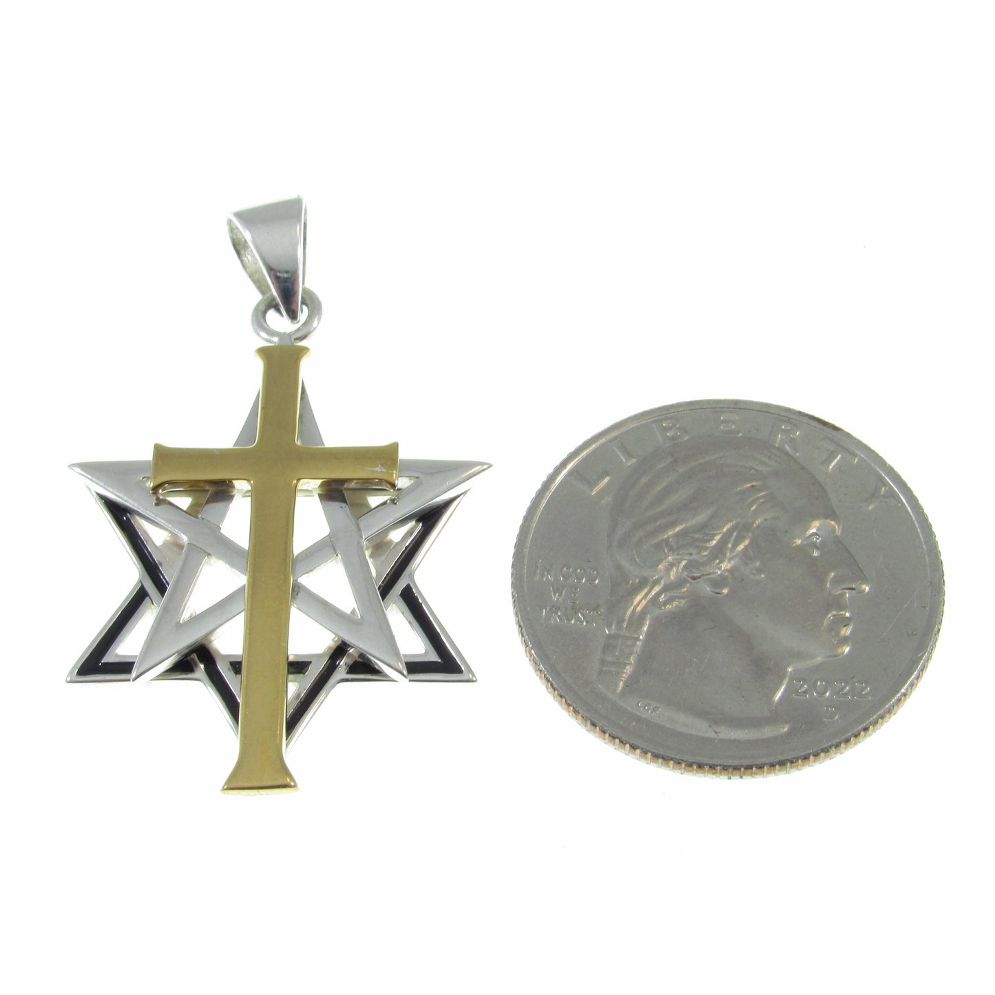 Solid 925 Sterling Silver & 14k Gold Accent Intertwined Christian Cross on Jewish Star of David Pendant, Hebrew Symbol, Religious Jewelry