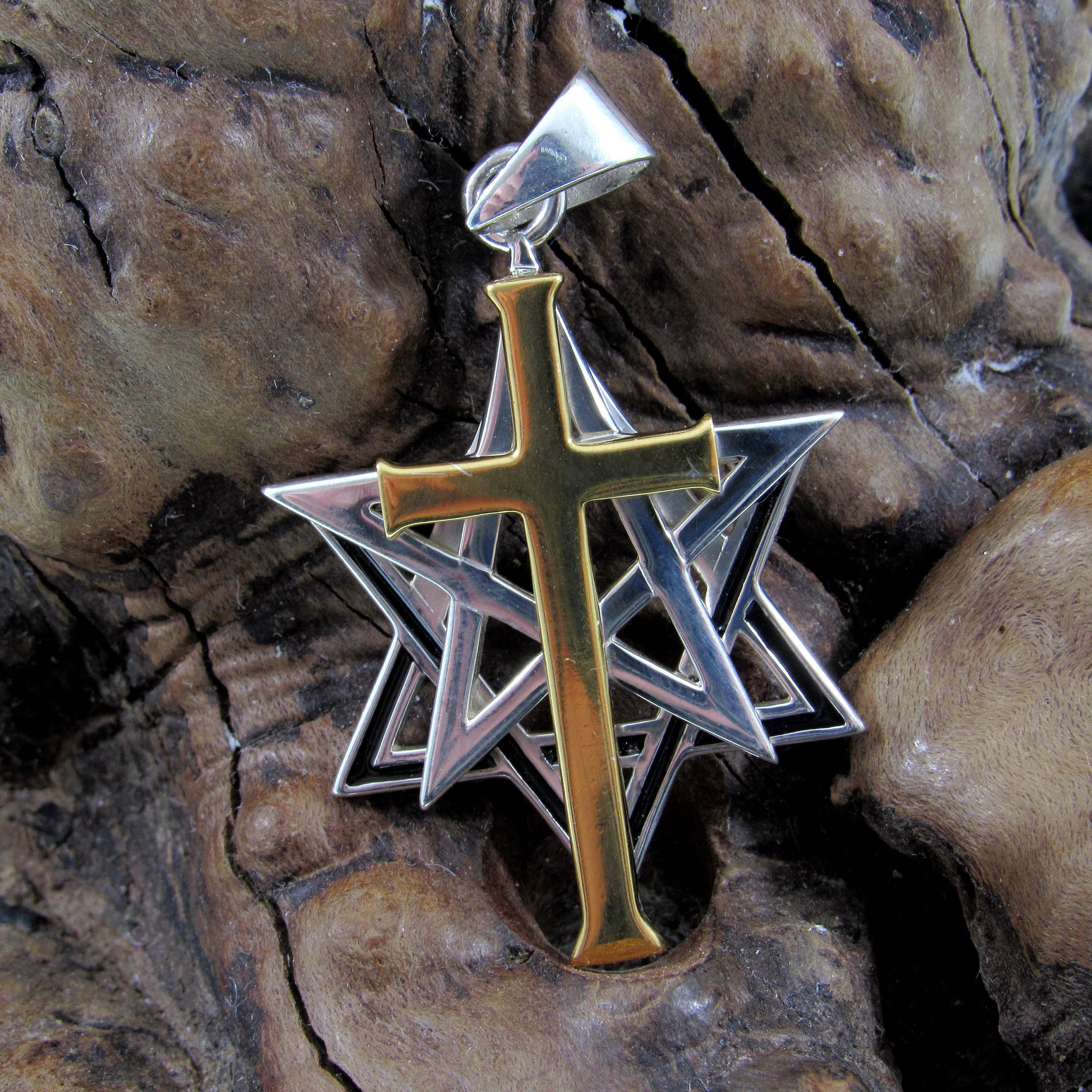 Solid 925 Sterling Silver & 14k Gold Accent Intertwined Christian Cross on Jewish Star of David Pendant, Hebrew Symbol, Religious Jewelry