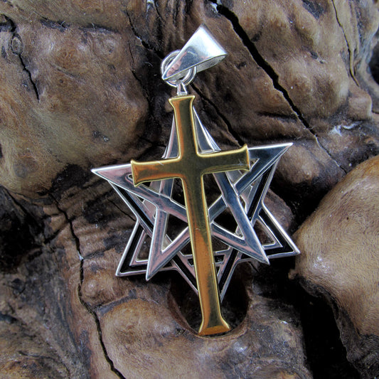 Solid 925 Sterling Silver & 14k Gold Accent Intertwined Christian Cross on Jewish Star of David Pendant, Hebrew Symbol, Religious Jewelry