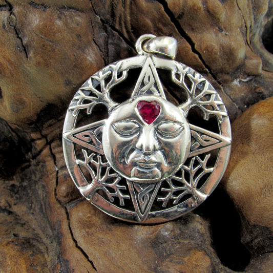 Solid 925 Sterling Silver Winter Season Sun Face Pendant with Faceted Heart Shaped Ruby Gemstone, Embellished with Snowflakes & Celtic Knots