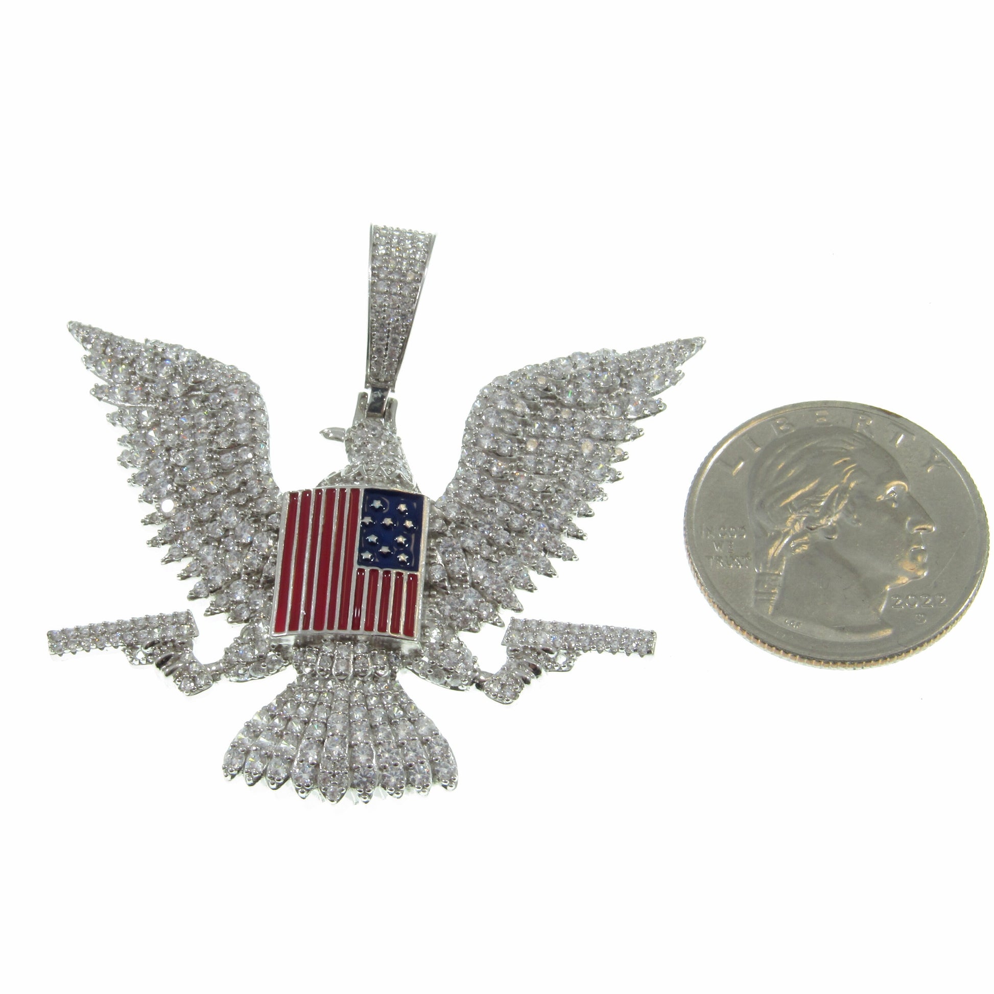 Men's Solid 925 Sterling Silver Iced Out Patriotic Pendant, Rhodium Plated Hip Hop Jewelry with Clear CZs, American Eagle, Flag, and Guns