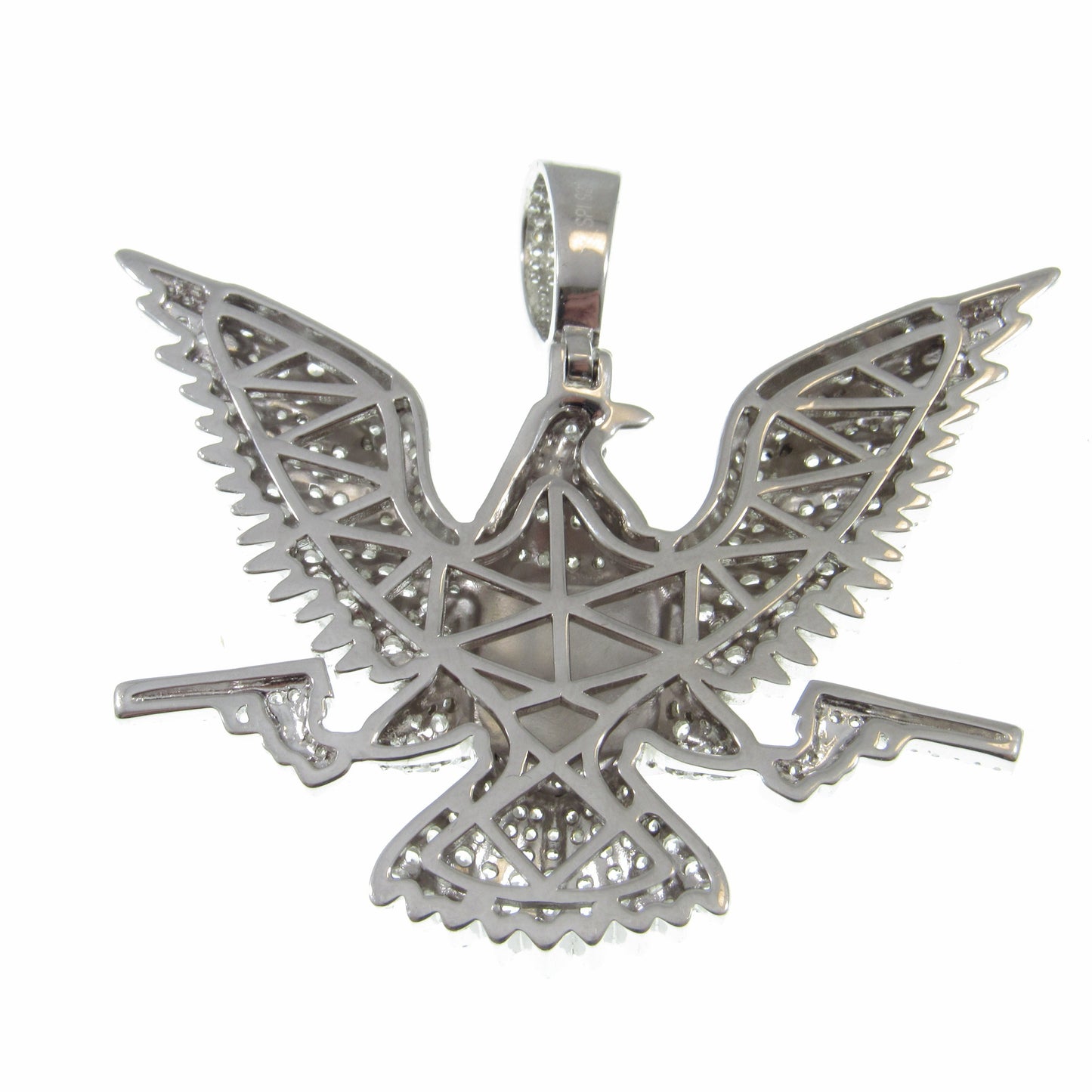 Men's Solid 925 Sterling Silver Iced Out Patriotic Pendant, Rhodium Plated Hip Hop Jewelry with Clear CZs, American Eagle, Flag, and Guns