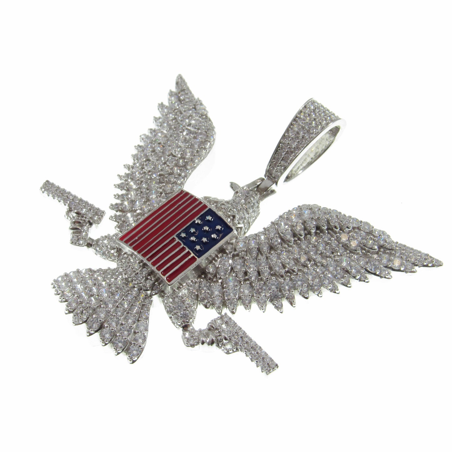 Men's Solid 925 Sterling Silver Iced Out Patriotic Pendant, Rhodium Plated Hip Hop Jewelry with Clear CZs, American Eagle, Flag, and Guns