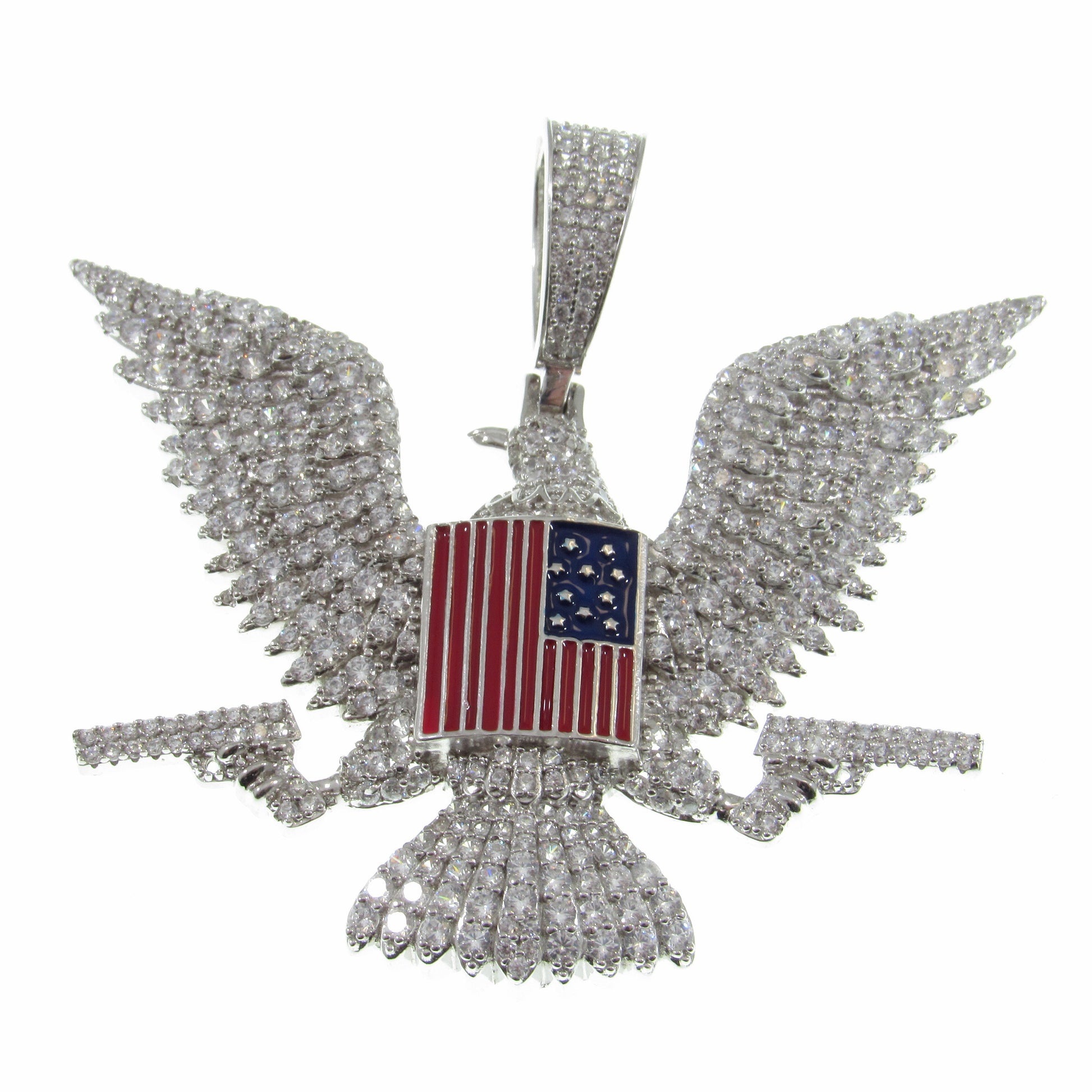 Men's Solid 925 Sterling Silver Iced Out Patriotic Pendant, Rhodium Plated Hip Hop Jewelry with Clear CZs, American Eagle, Flag, and Guns