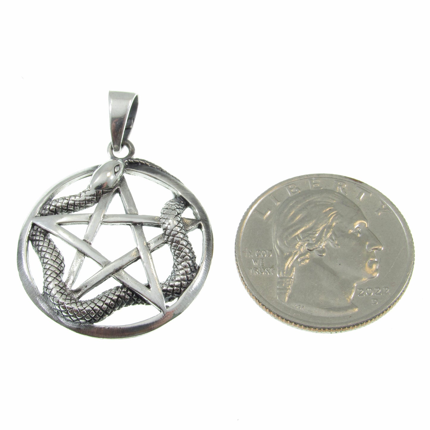 Solid 925 Sterling Silver Ouroboros Pentacle Pendant, Snake Pentagram Pagan Protection Amulet