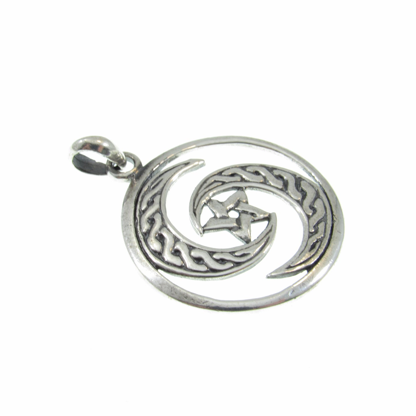 Solid 925 Sterling Silver Celtic Goddess Crescent Moon Pentagram Pendant, Wiccan Pagan Amulet, Protection Jewelry, Yin Yang Charm
