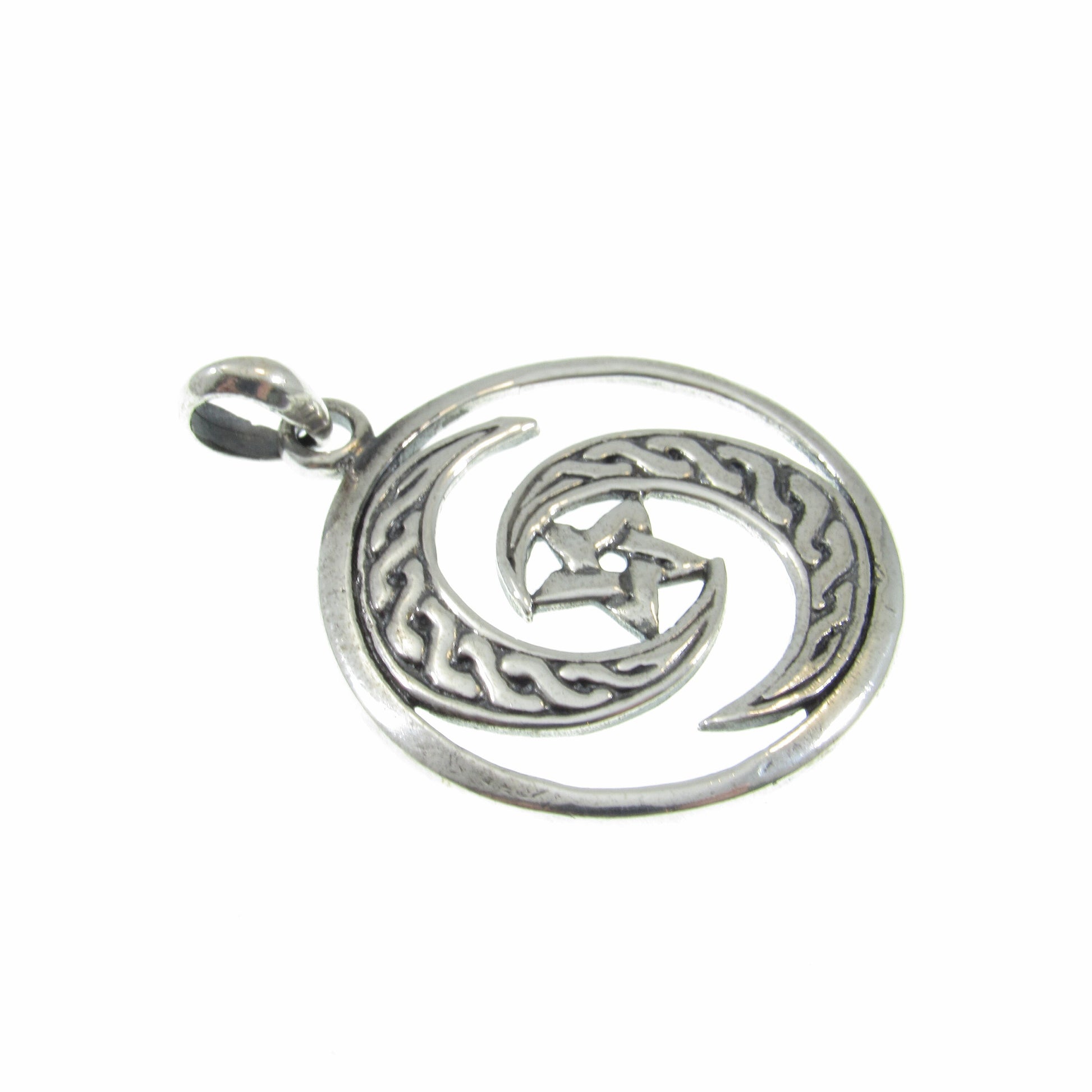 Solid 925 Sterling Silver Celtic Goddess Crescent Moon Pentagram Pendant, Wiccan Pagan Amulet, Protection Jewelry, Yin Yang Charm