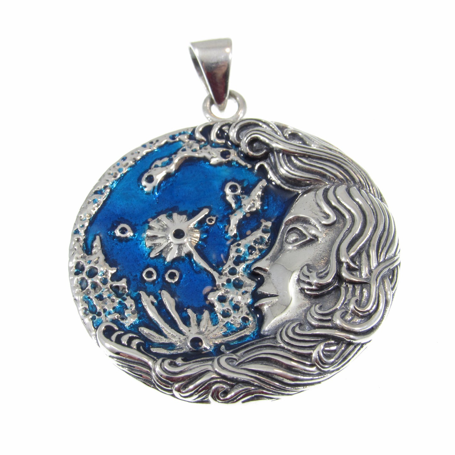 Solid 925 Sterling Silver Moon Maiden Pendant by Oberon Zell w/ Blue Enamel Accents - Handcrafted Unique Mystical Jewelry, Wicca Interest
