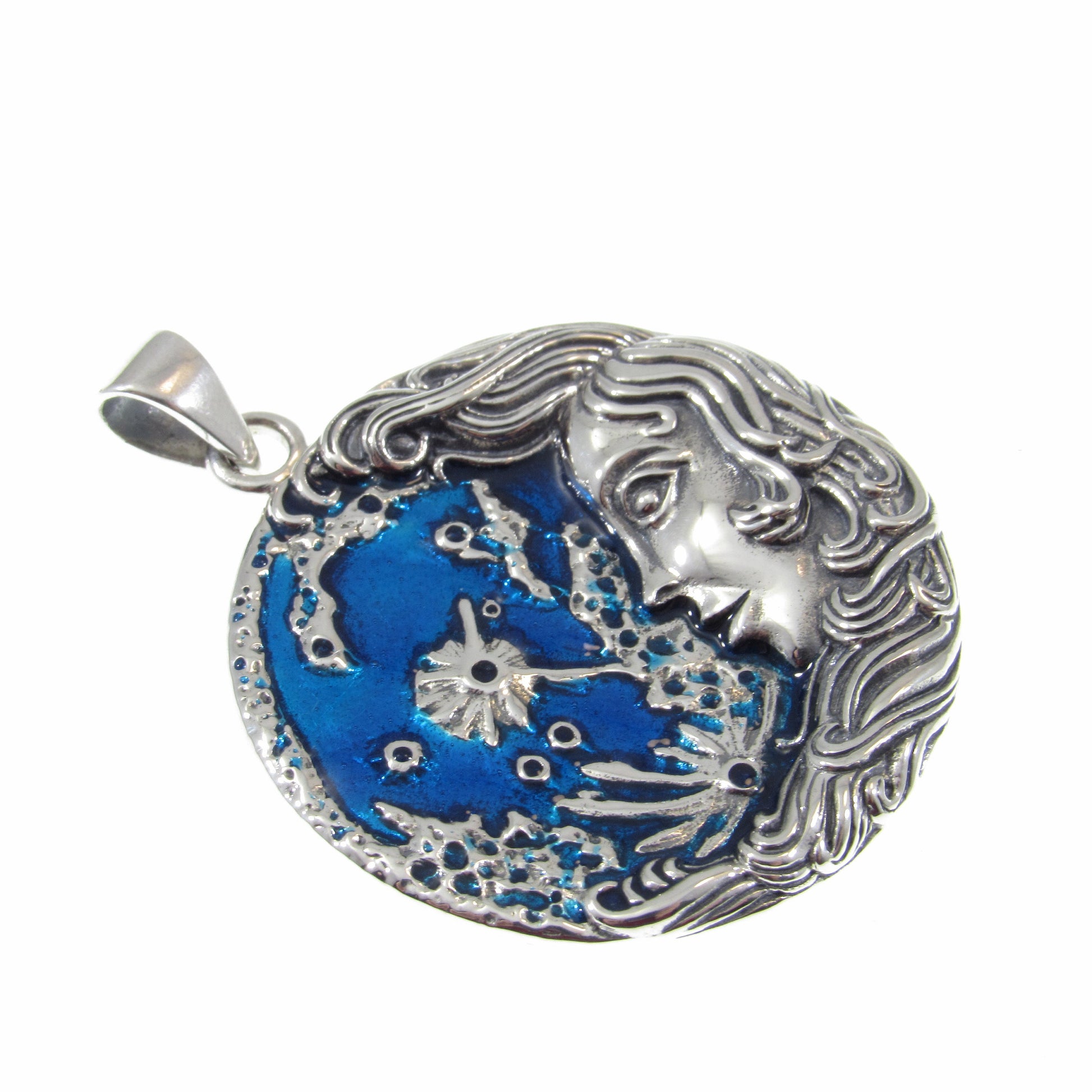 Solid 925 Sterling Silver Moon Maiden Pendant by Oberon Zell w/ Blue Enamel Accents - Handcrafted Unique Mystical Jewelry, Wicca Interest