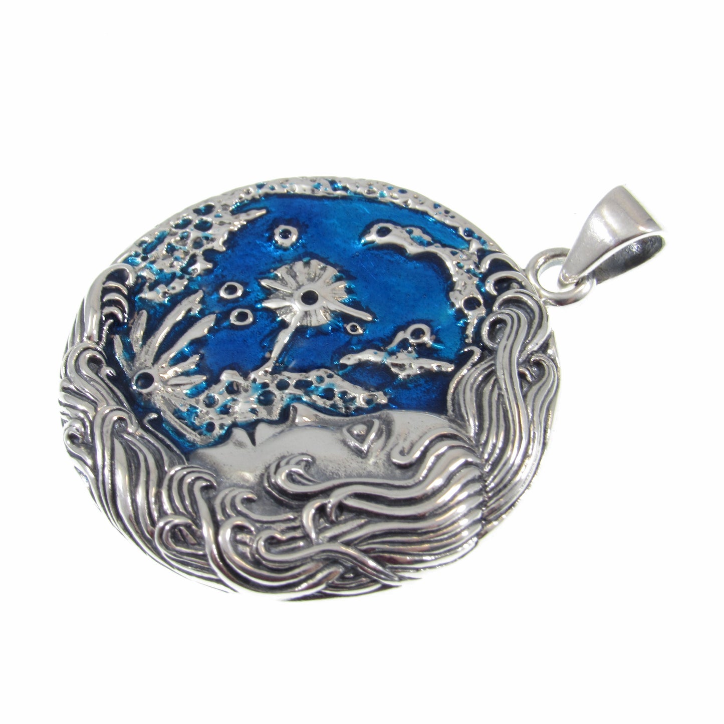 Solid 925 Sterling Silver Moon Maiden Pendant by Oberon Zell w/ Blue Enamel Accents - Handcrafted Unique Mystical Jewelry, Wicca Interest