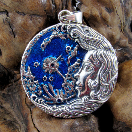 Solid 925 Sterling Silver Moon Maiden Pendant by Oberon Zell w/ Blue Enamel Accents - Handcrafted Unique Mystical Jewelry, Wicca Interest