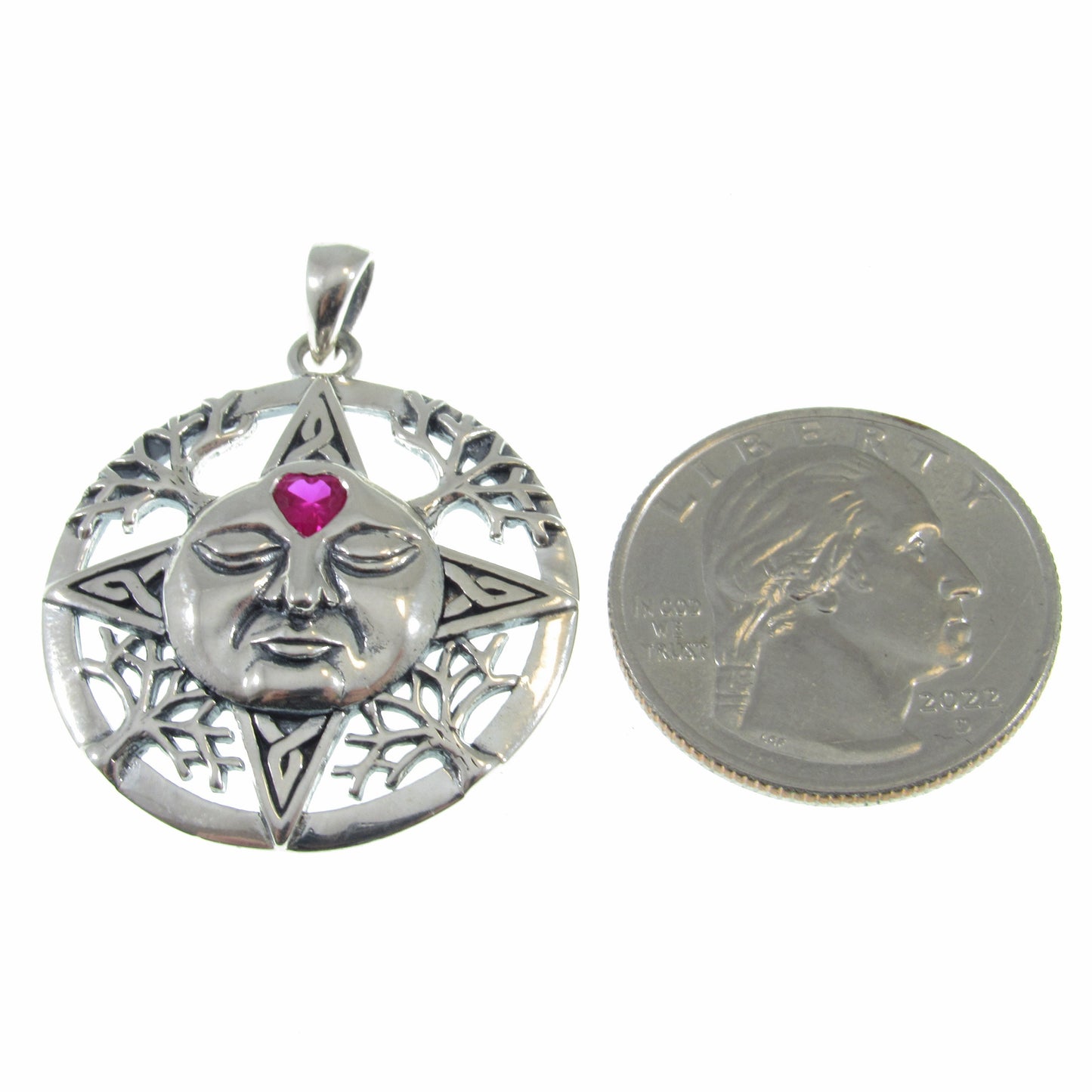 Solid 925 Sterling Silver Winter Season Sun Face Pendant with Faceted Heart Shaped Ruby Gemstone, Embellished with Snowflakes & Celtic Knots