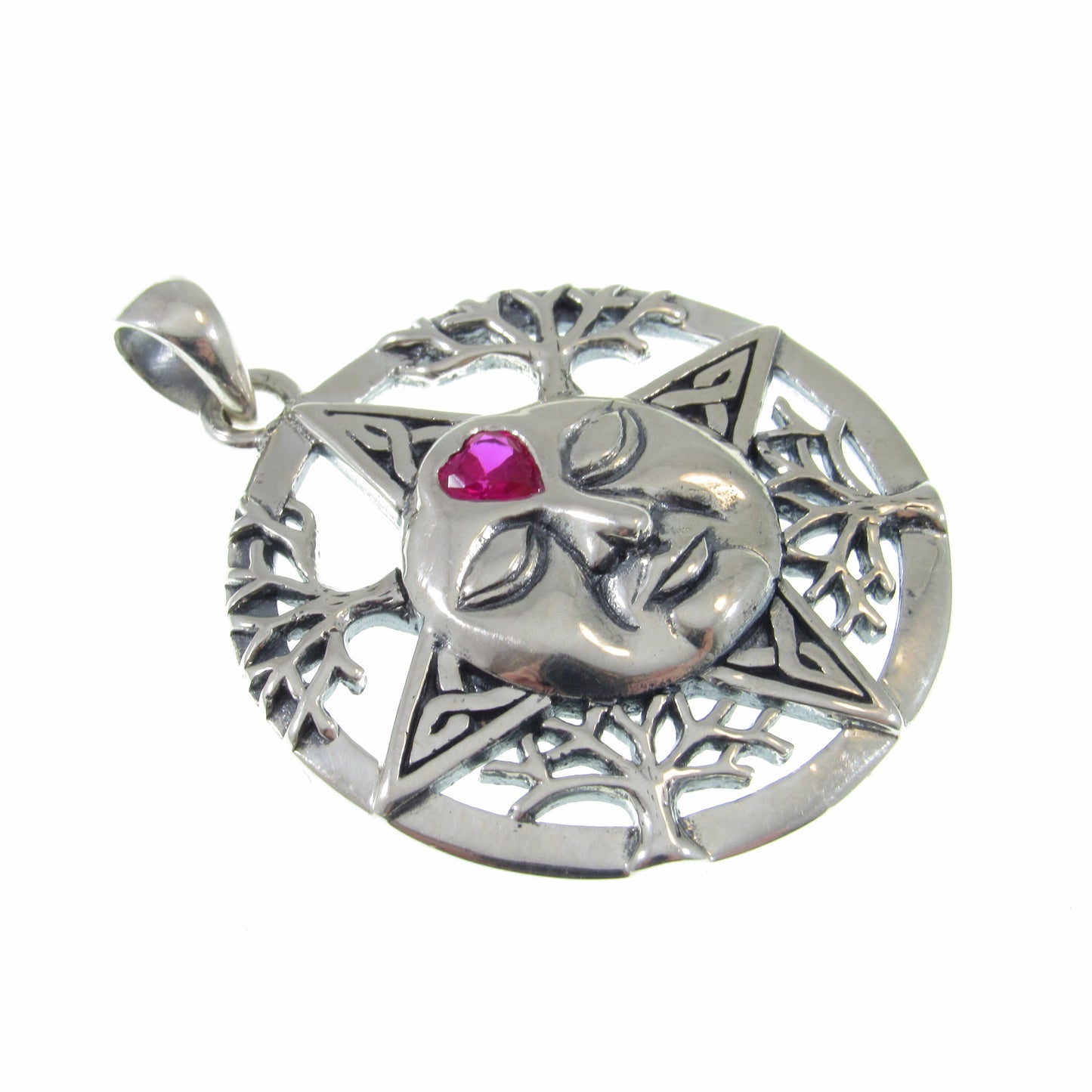 Solid 925 Sterling Silver Winter Season Sun Face Pendant with Faceted Heart Shaped Ruby Gemstone, Embellished with Snowflakes & Celtic Knots