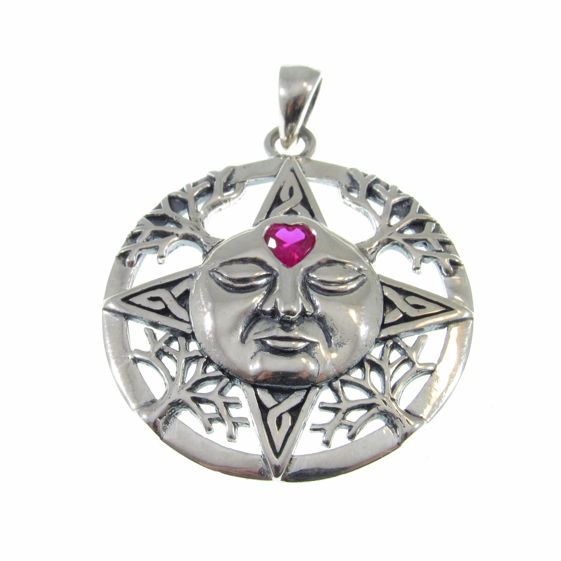 Solid 925 Sterling Silver Winter Season Sun Face Pendant with Faceted Heart Shaped Ruby Gemstone, Embellished with Snowflakes & Celtic Knots