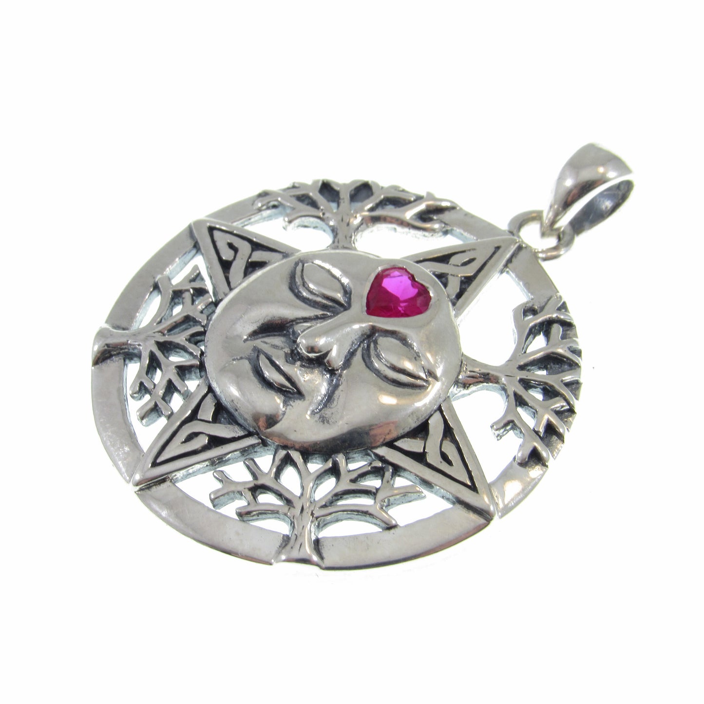Solid 925 Sterling Silver Winter Season Sun Face Pendant with Faceted Heart Shaped Ruby Gemstone, Embellished with Snowflakes & Celtic Knots
