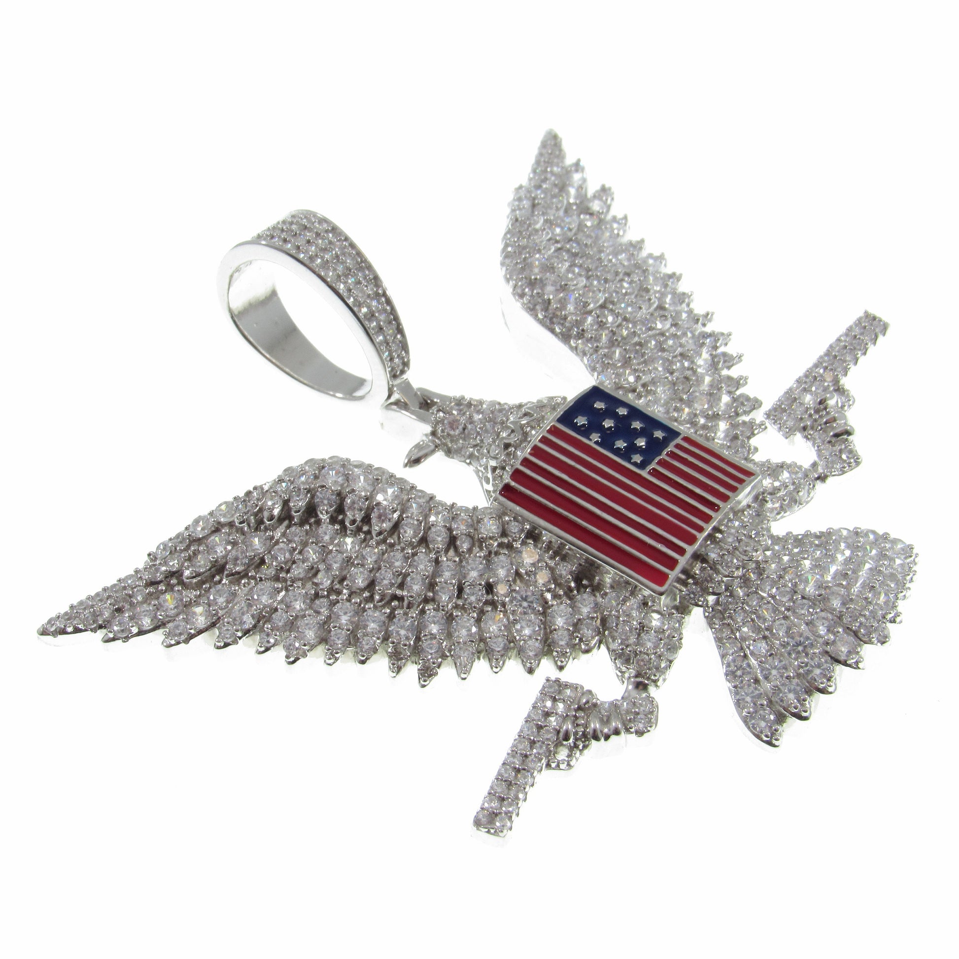 Men's Solid 925 Sterling Silver Iced Out Patriotic Pendant, Rhodium Plated Hip Hop Jewelry with Clear CZs, American Eagle, Flag, and Guns