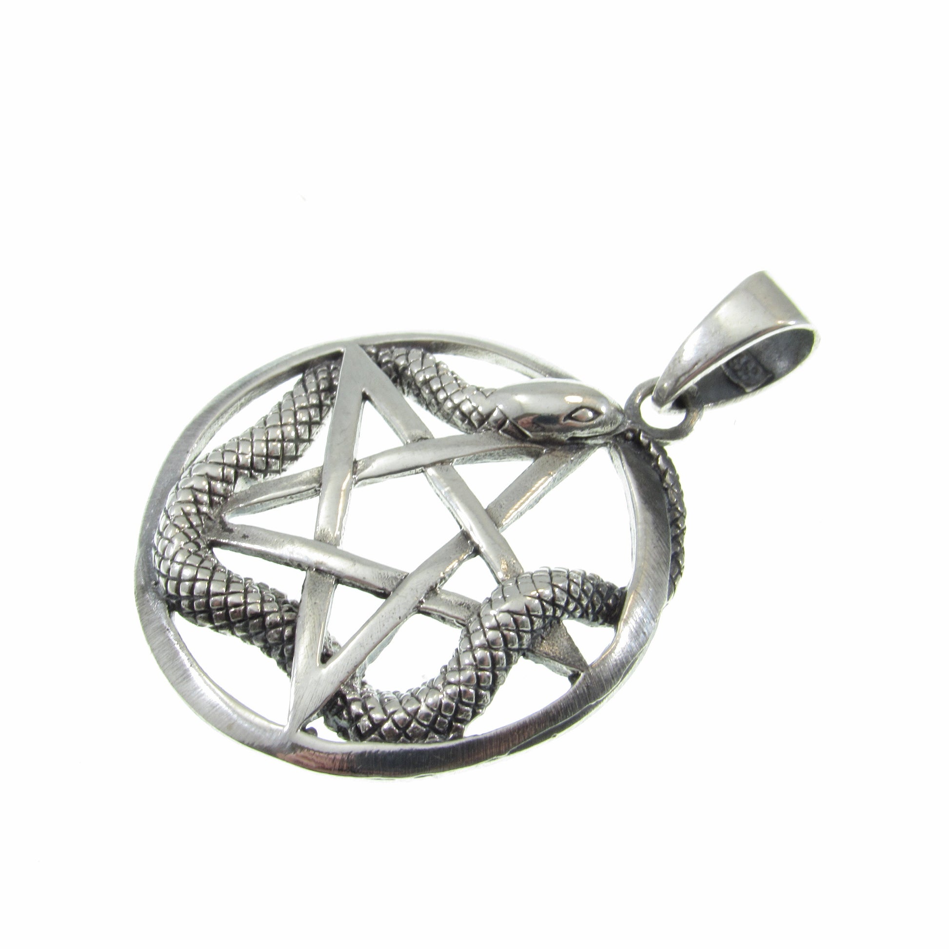 Solid 925 Sterling Silver Ouroboros Pentacle Pendant, Snake Pentagram Pagan Protection Amulet