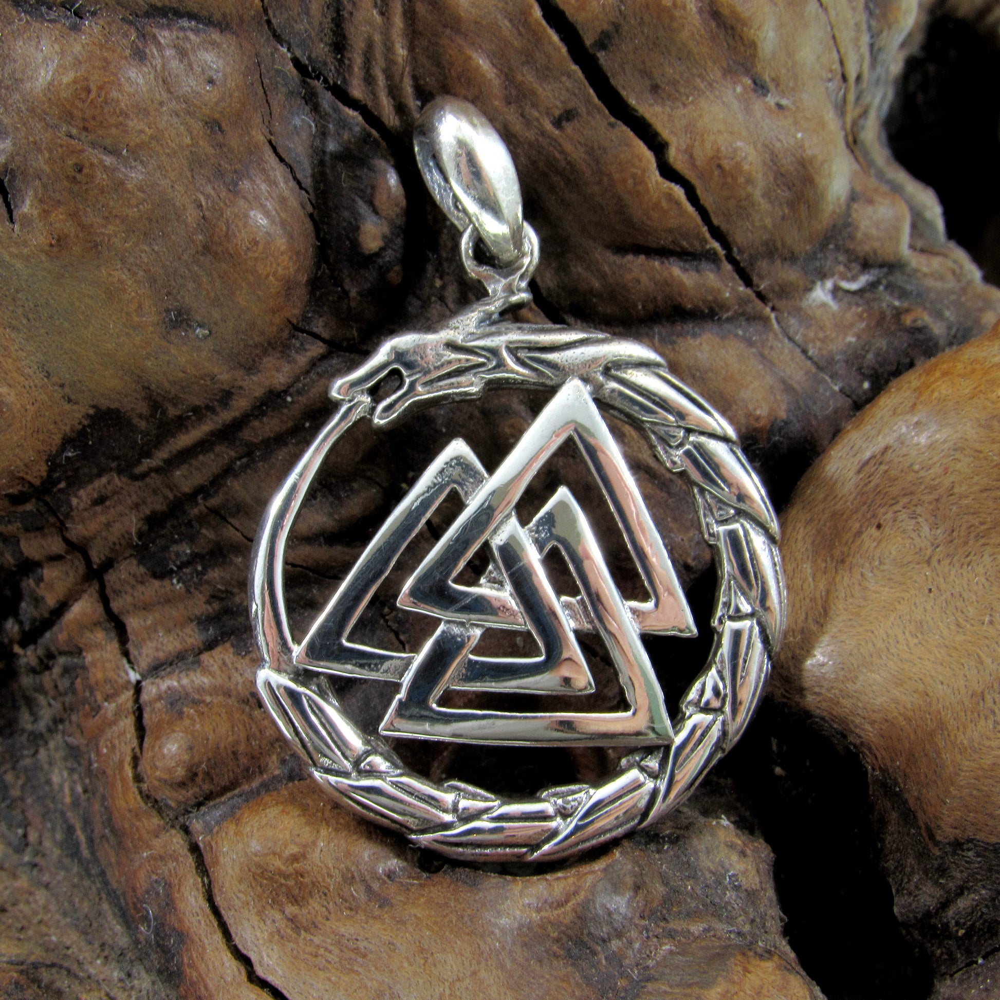 Solid 925 Sterling Silver Valknut Pendant with Jörmungandr Serpent – Norse Pagan Necklace Amulet – Viking Odin Symbol – Nordic Jewelry