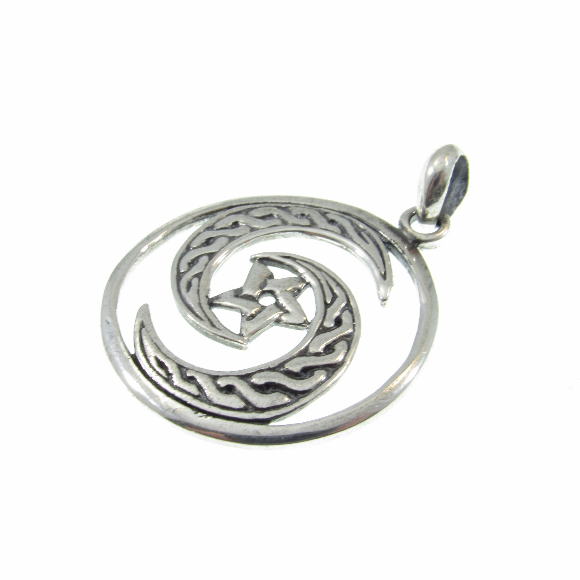 Solid 925 Sterling Silver Celtic Goddess Crescent Moon Pentagram Pendant, Wiccan Pagan Amulet, Protection Jewelry, Yin Yang Charm