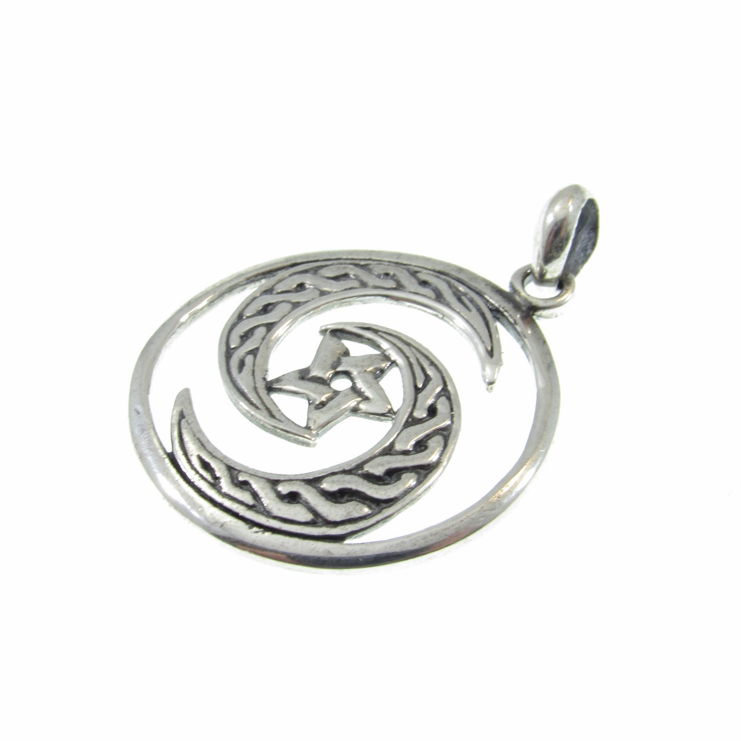 Solid 925 Sterling Silver Celtic Crescent Moon Pentacle Pendant, Wiccan Protection Amulet, Triple Goddess