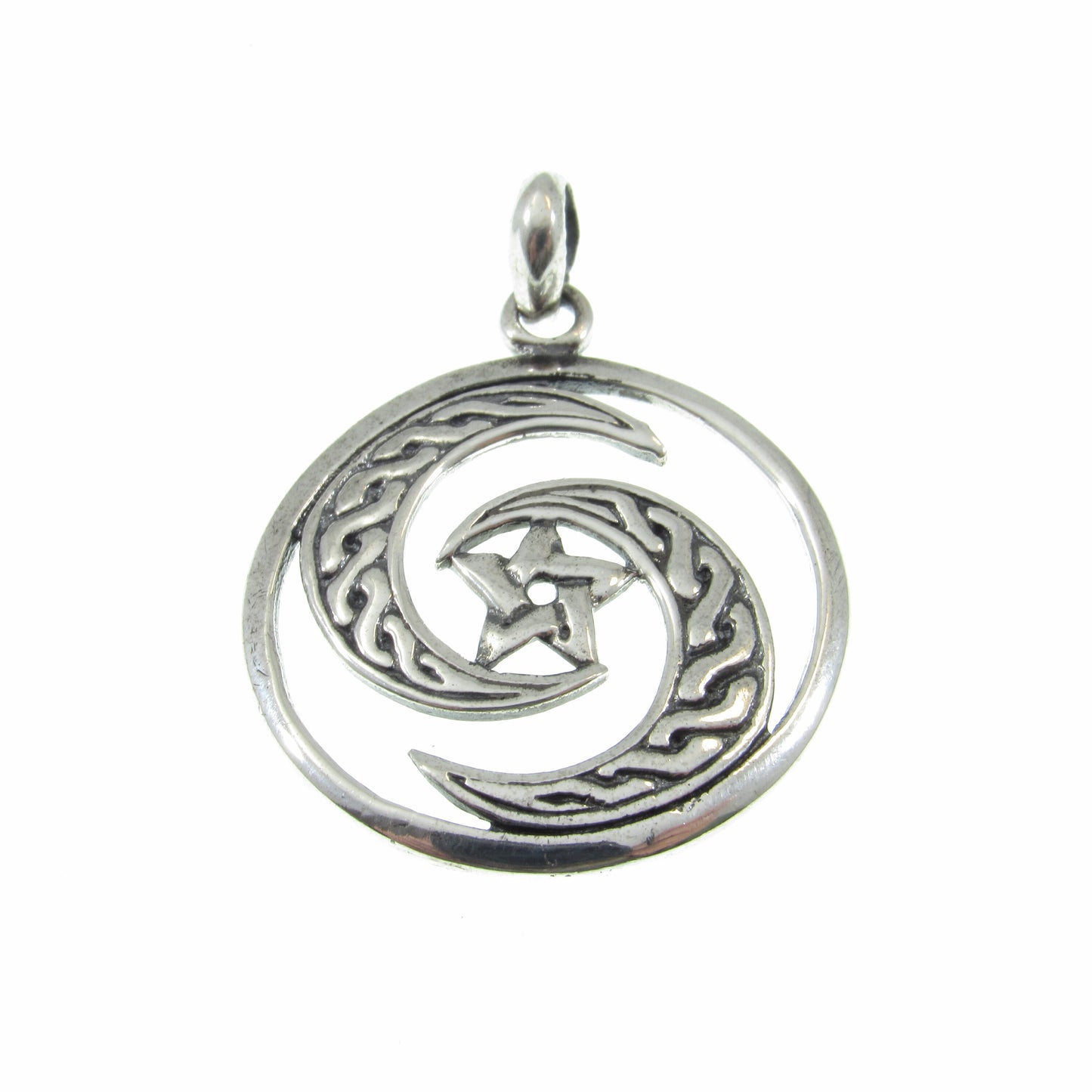 Solid 925 Sterling Silver Celtic Goddess Crescent Moon Pentagram Pendant, Wiccan Pagan Amulet, Protection Jewelry, Yin Yang Charm