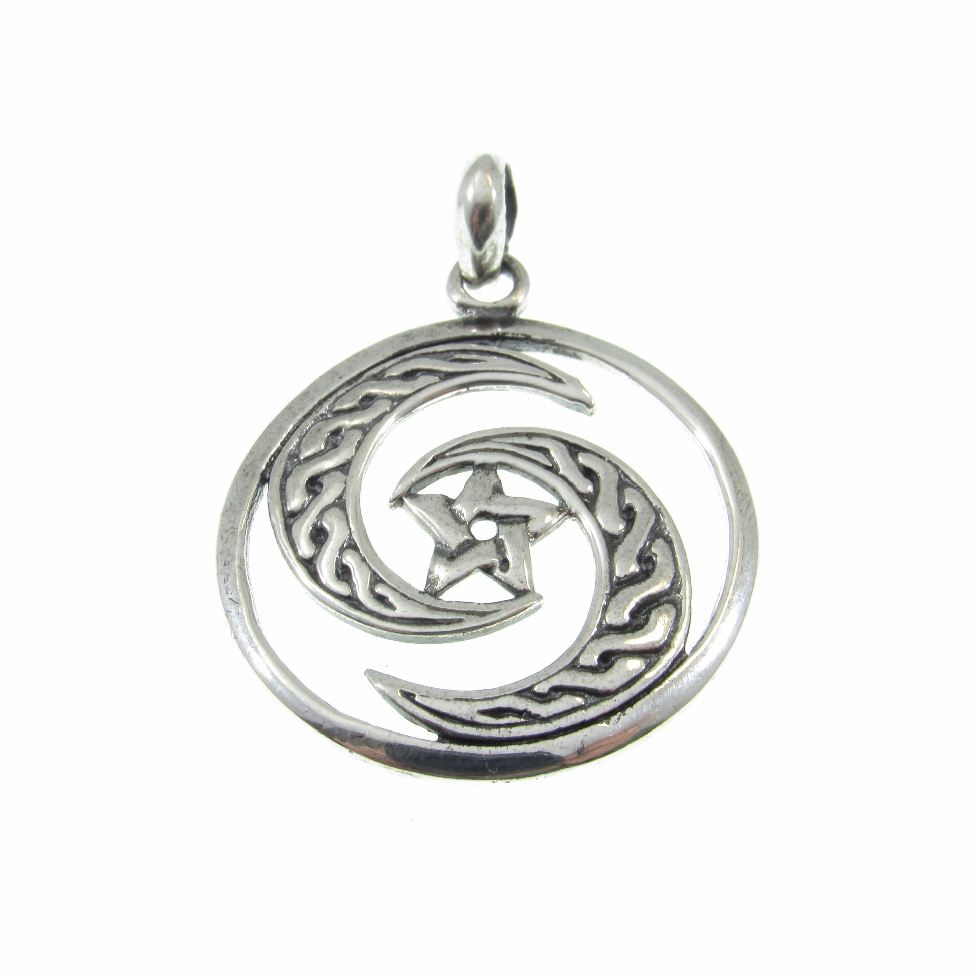 Solid 925 Sterling Silver Celtic Goddess Crescent Moon Pentagram Pendant, Wiccan Pagan Amulet, Protection Jewelry, Yin Yang Charm