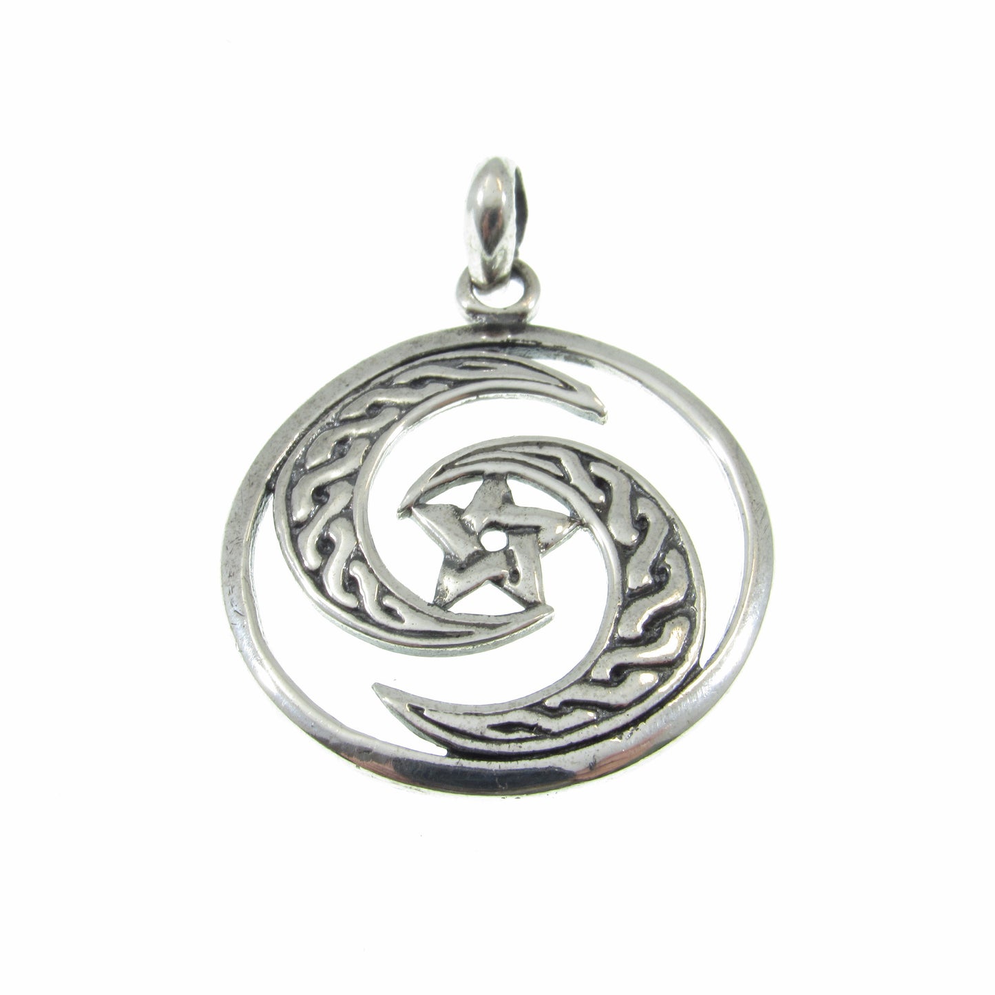 Solid 925 Sterling Silver Celtic Crescent Moon Pentacle Pendant, Wiccan Protection Amulet, Triple Goddess