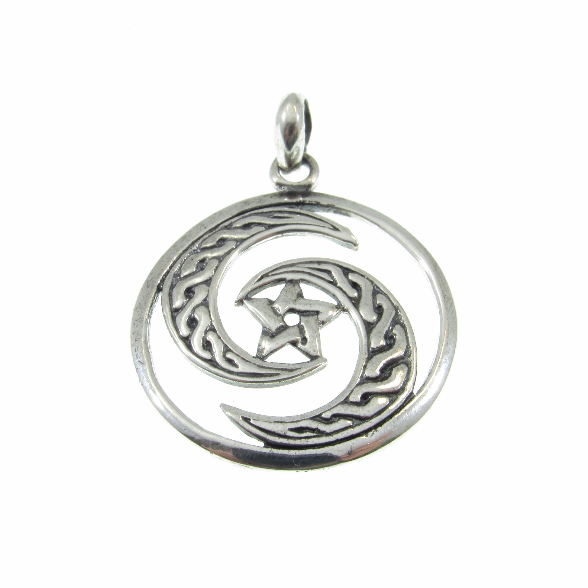 Solid 925 Sterling Silver Celtic Crescent Moon Pentacle Pendant, Wiccan Protection Amulet, Triple Goddess