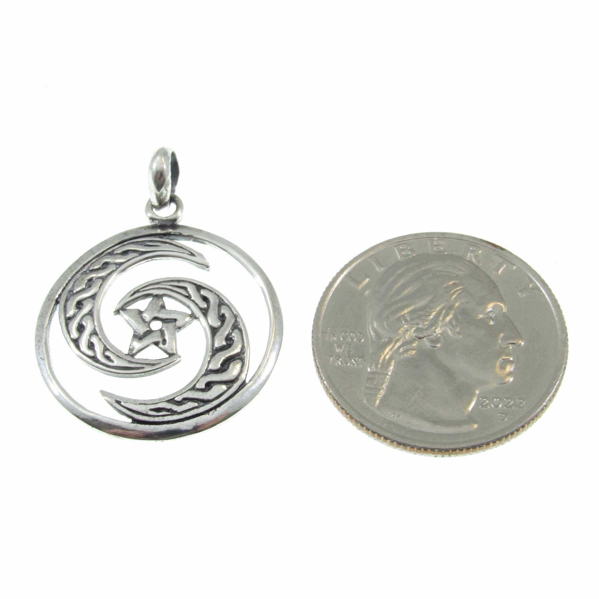Solid 925 Sterling Silver Celtic Goddess Crescent Moon Pentagram Pendant, Wiccan Pagan Amulet, Protection Jewelry, Yin Yang Charm