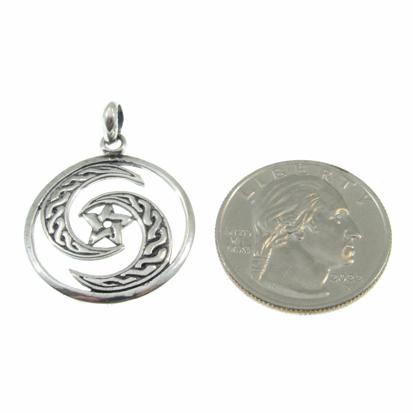 Solid 925 Sterling Silver Celtic Crescent Moon Pentacle Pendant, Wiccan Protection Amulet, Triple Goddess