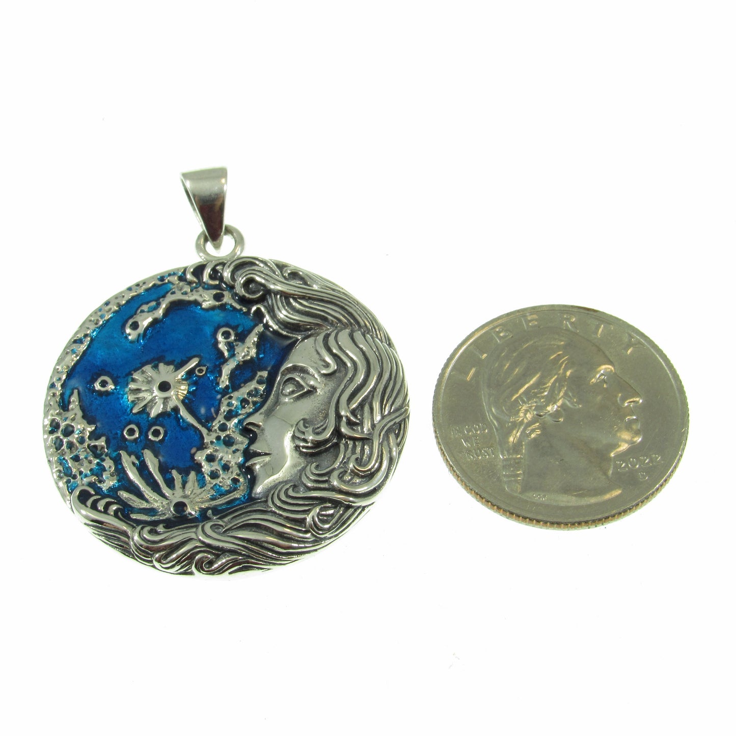 Solid 925 Sterling Silver Moon Maiden Pendant by Oberon Zell w/ Blue Enamel Accents - Handcrafted Unique Mystical Jewelry, Wicca Interest