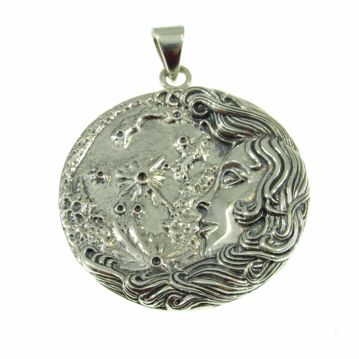 Solid 925 Sterling Silver Moon Maiden Pendant by Oberon Zell w/ Blue Enamel Accents - Handcrafted Unique Mystical Jewelry, Wicca Interest