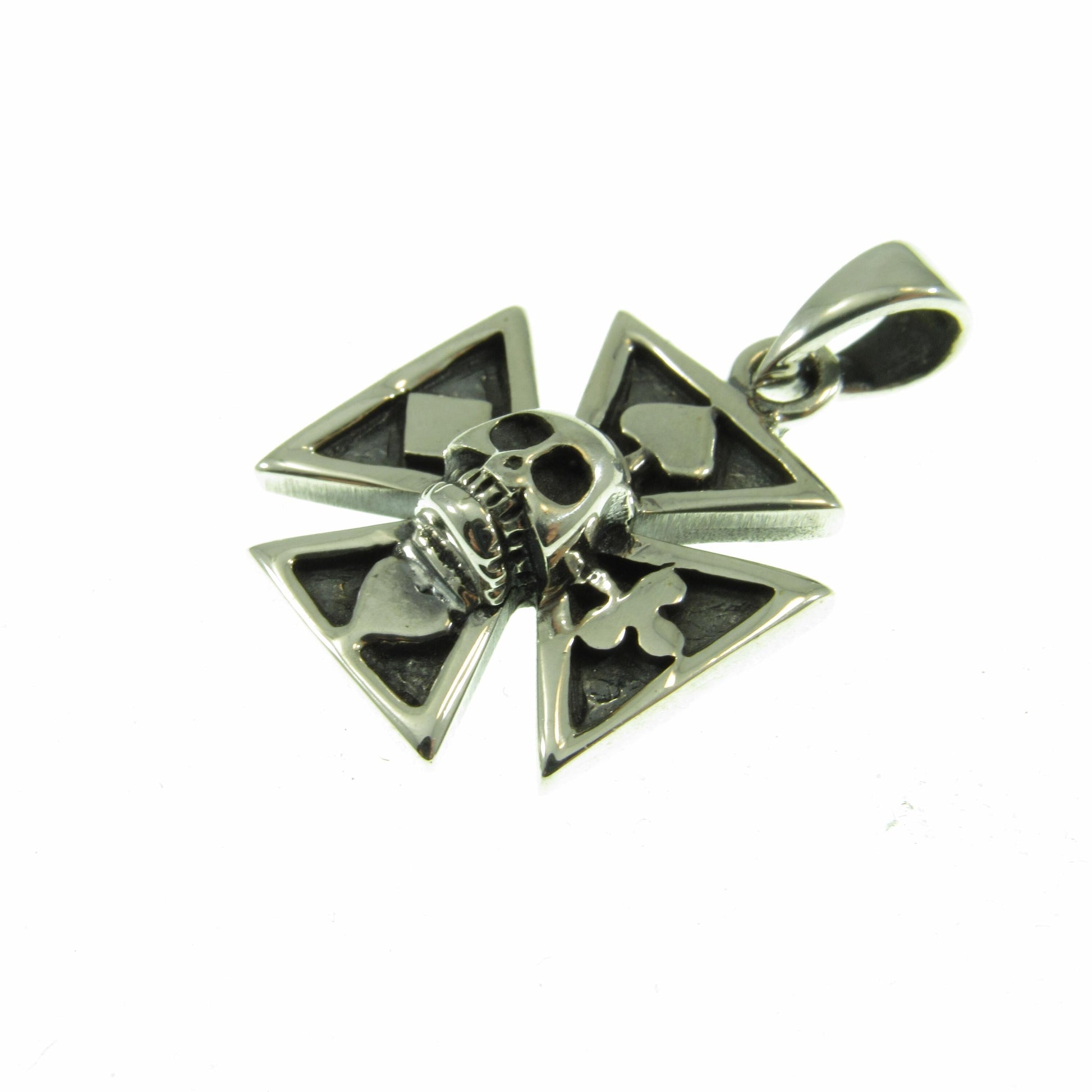 Solid 925 Sterling Silver Croix Pattee (Patty) Pendant, Iron Cross Jewelry, Skeleton Skull with 4 Card Suits, Handcrafted Gambling Charm