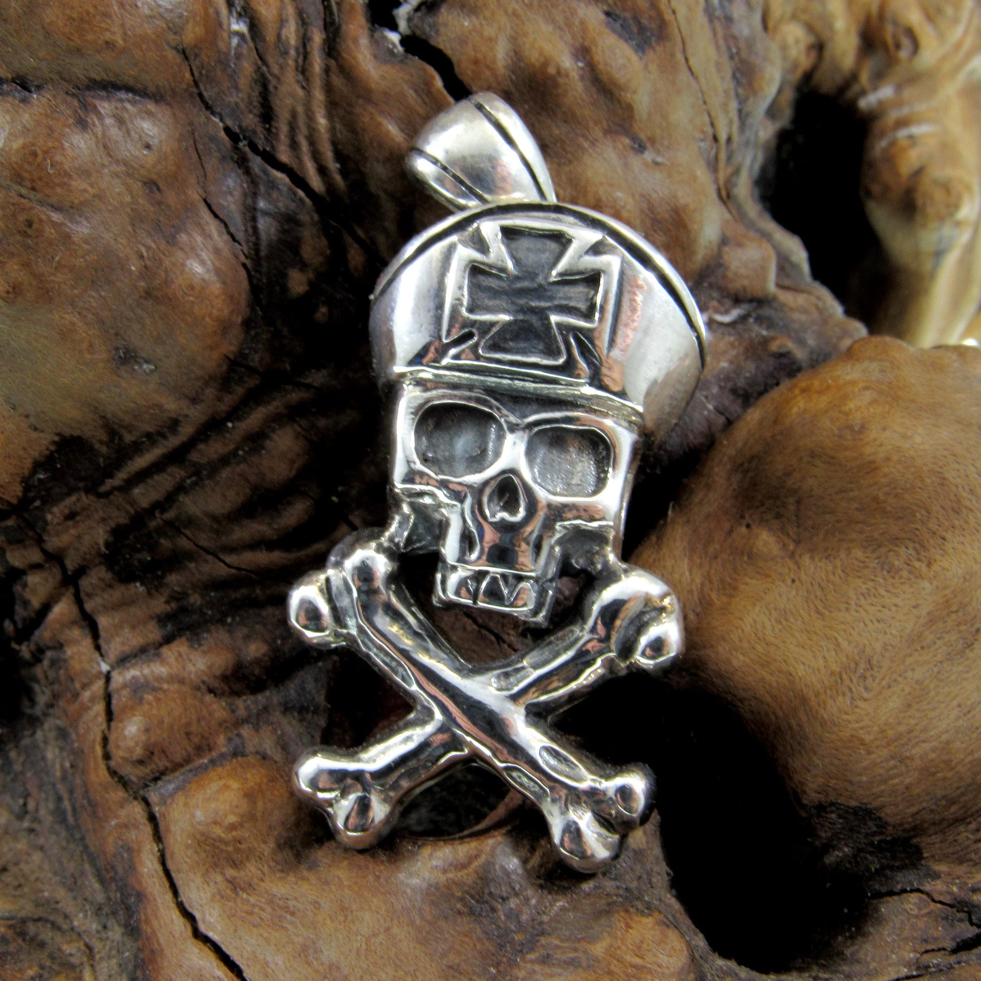 Solid 925 Sterling Silver Pirate Pendant, Jolly Roger Skeleton, Handcrafted Iron Cross Skull Jewelry