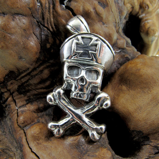 Solid 925 Sterling Silver Pirate Pendant, Jolly Roger Skeleton, Handcrafted Iron Cross Skull Jewelry