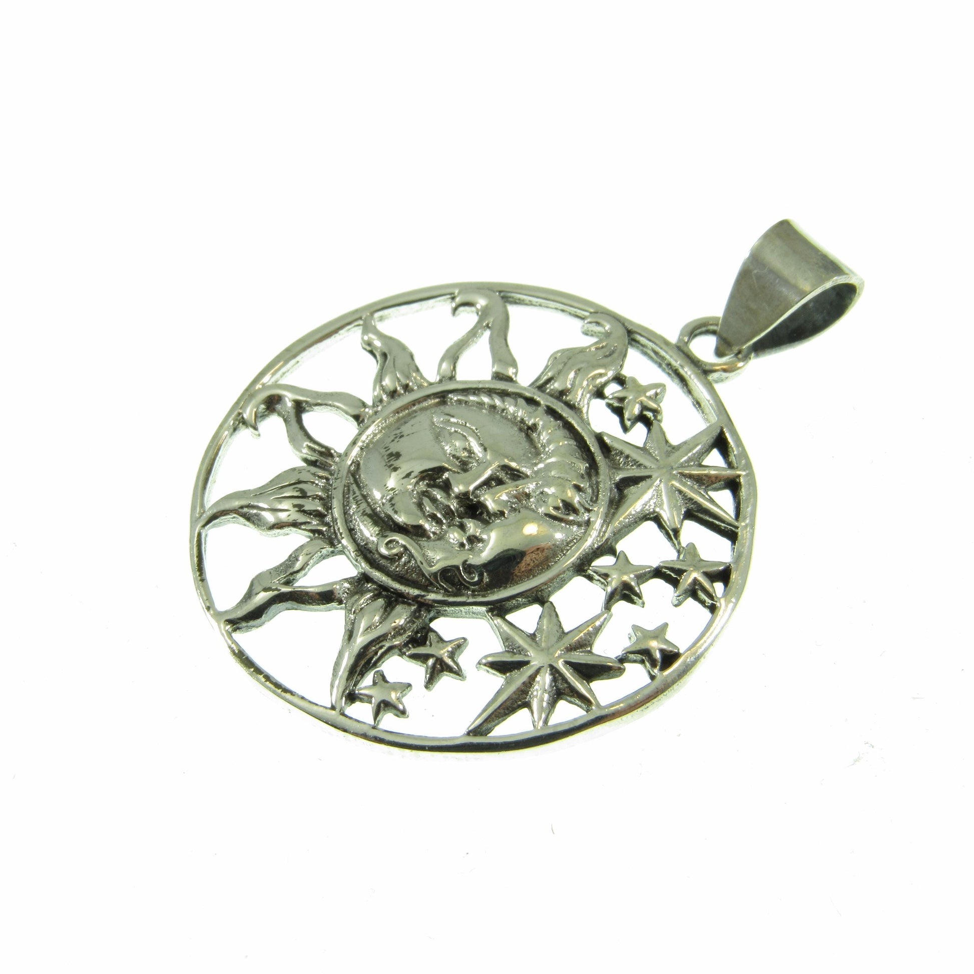 Solid 925 Sterling Silver Sun and Moon Faces, & 8 Stars Celestial Pendant, Handcrafted Cosmic Yin/Yang Amulet, Astrology Jewelry