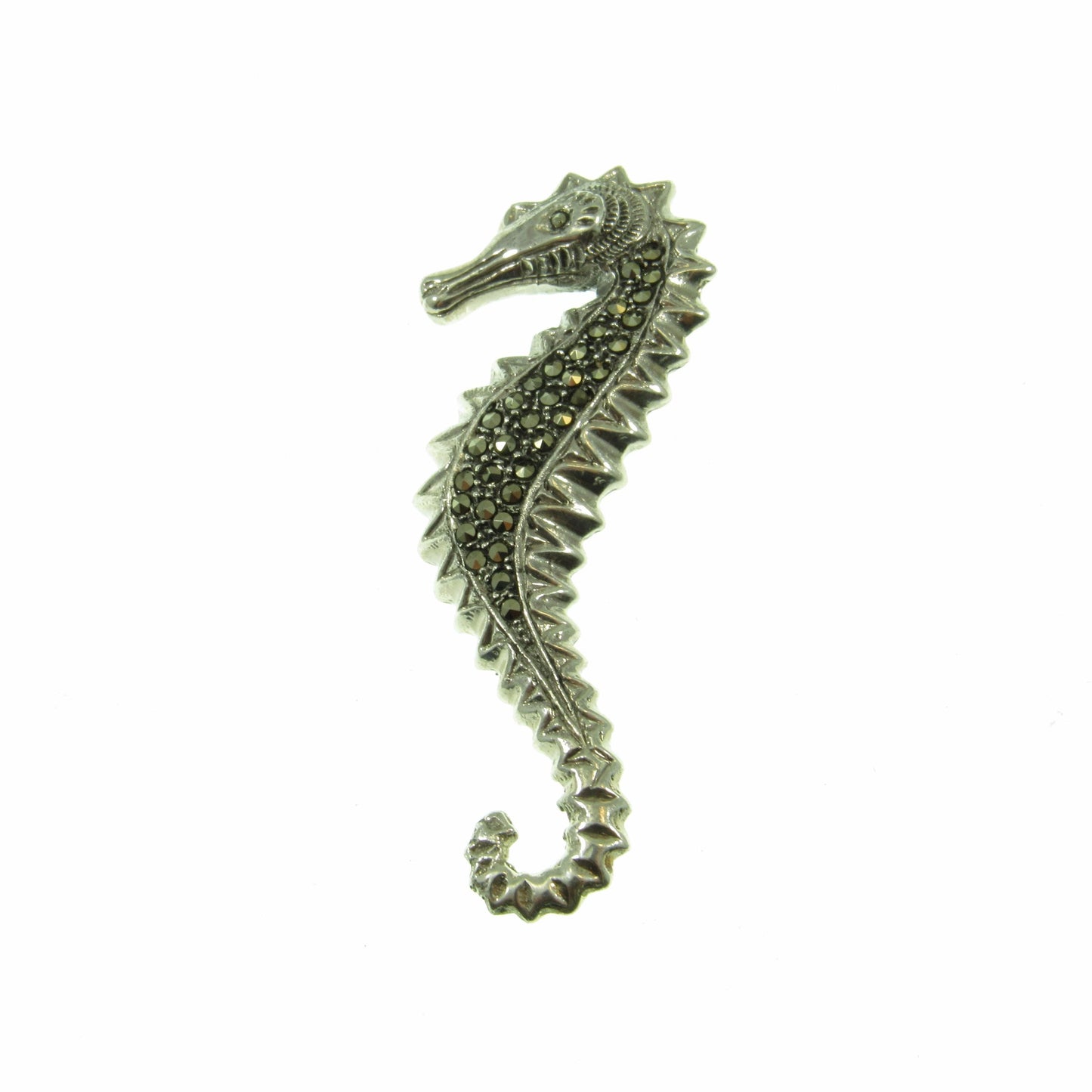 Solid 925 Sterling Silver & Marcasite Seahorse Pin Brooch, Handcrafted Breastpin, Ocean Sea Life Jewelry, Nautical Marine Interest