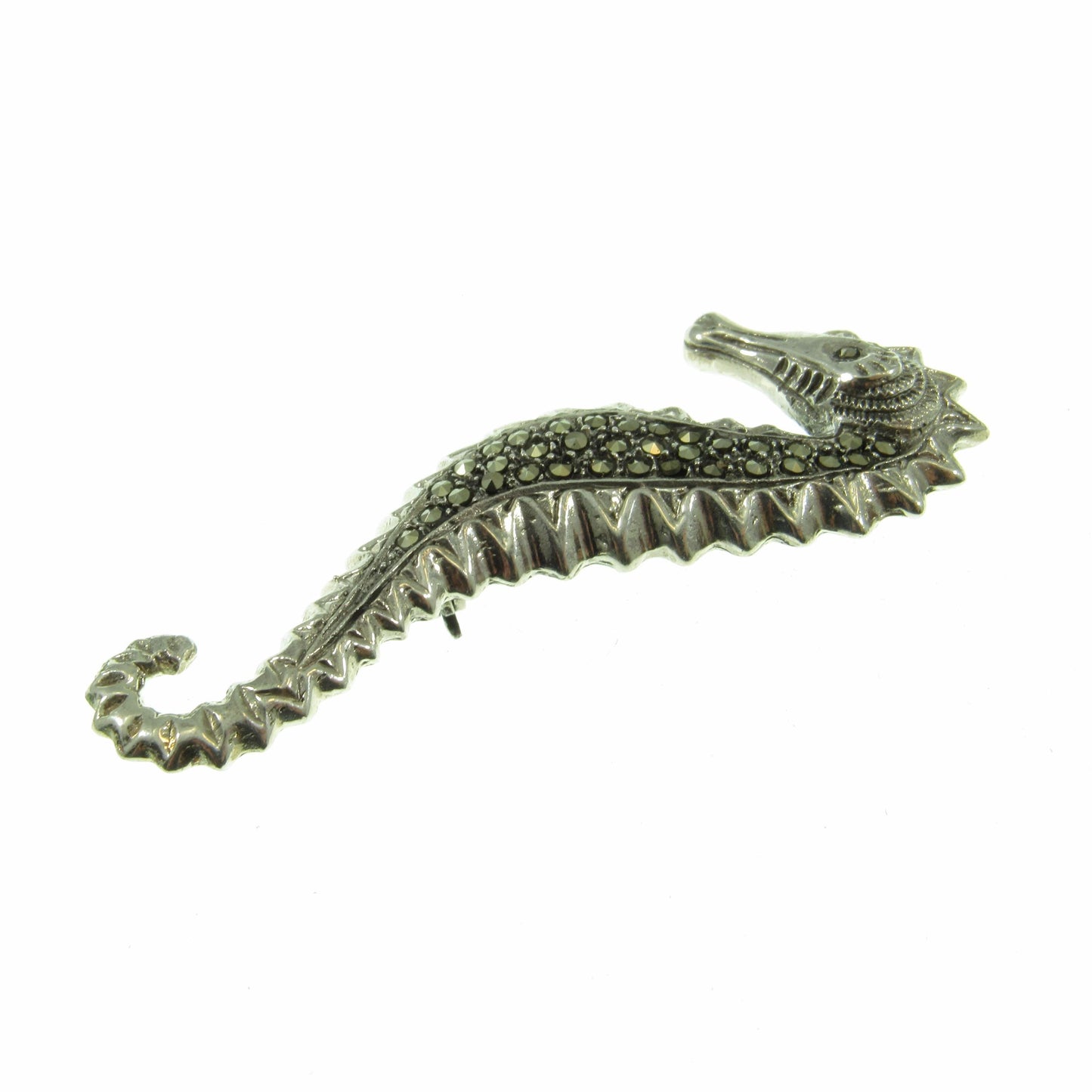 Solid 925 Sterling Silver & Marcasite Seahorse Pin Brooch, Handcrafted Breastpin, Ocean Sea Life Jewelry, Nautical Marine Interest