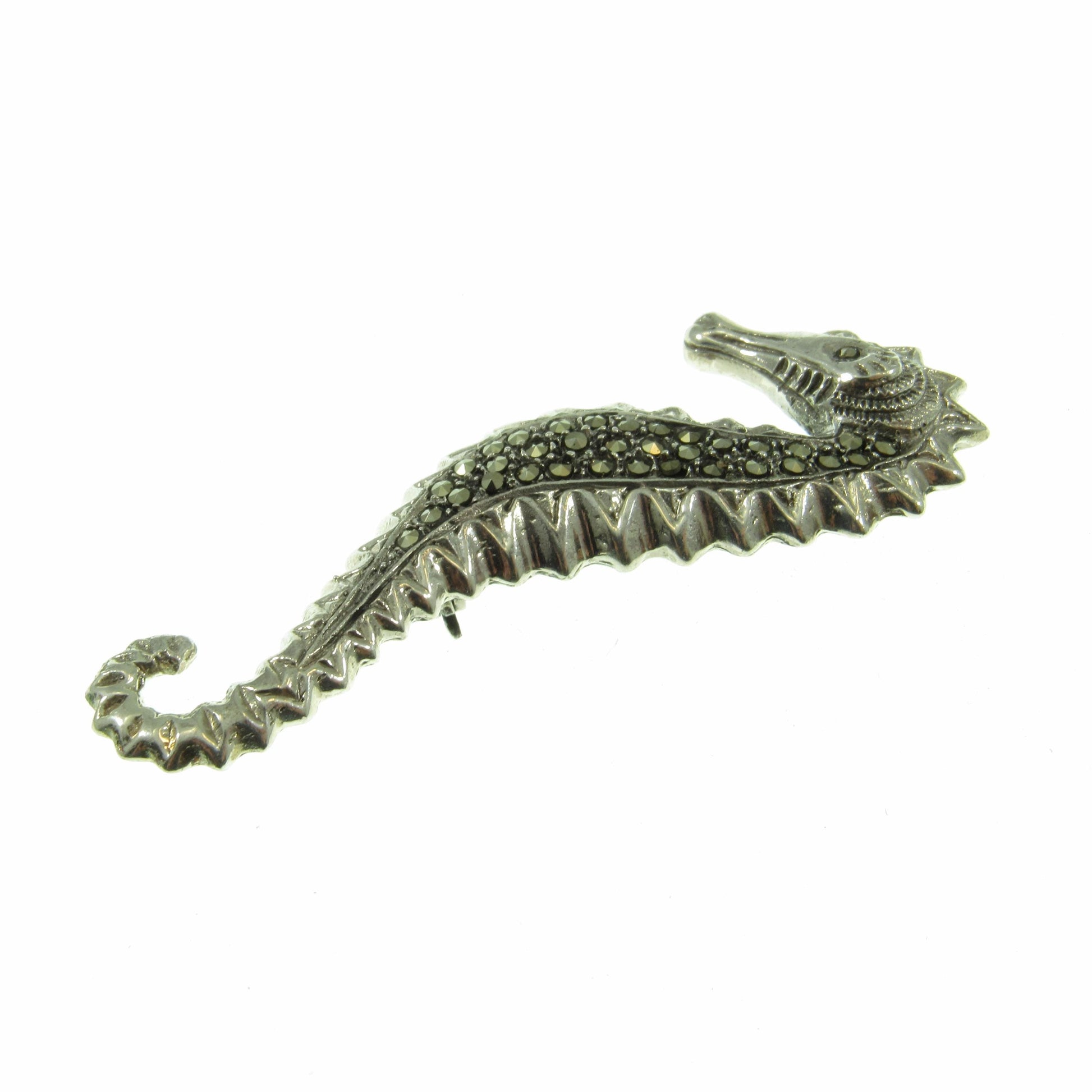 Solid 925 Sterling Silver & Marcasite Seahorse Pin Brooch, Handcrafted Breastpin, Ocean Sea Life Jewelry, Nautical Marine Interest